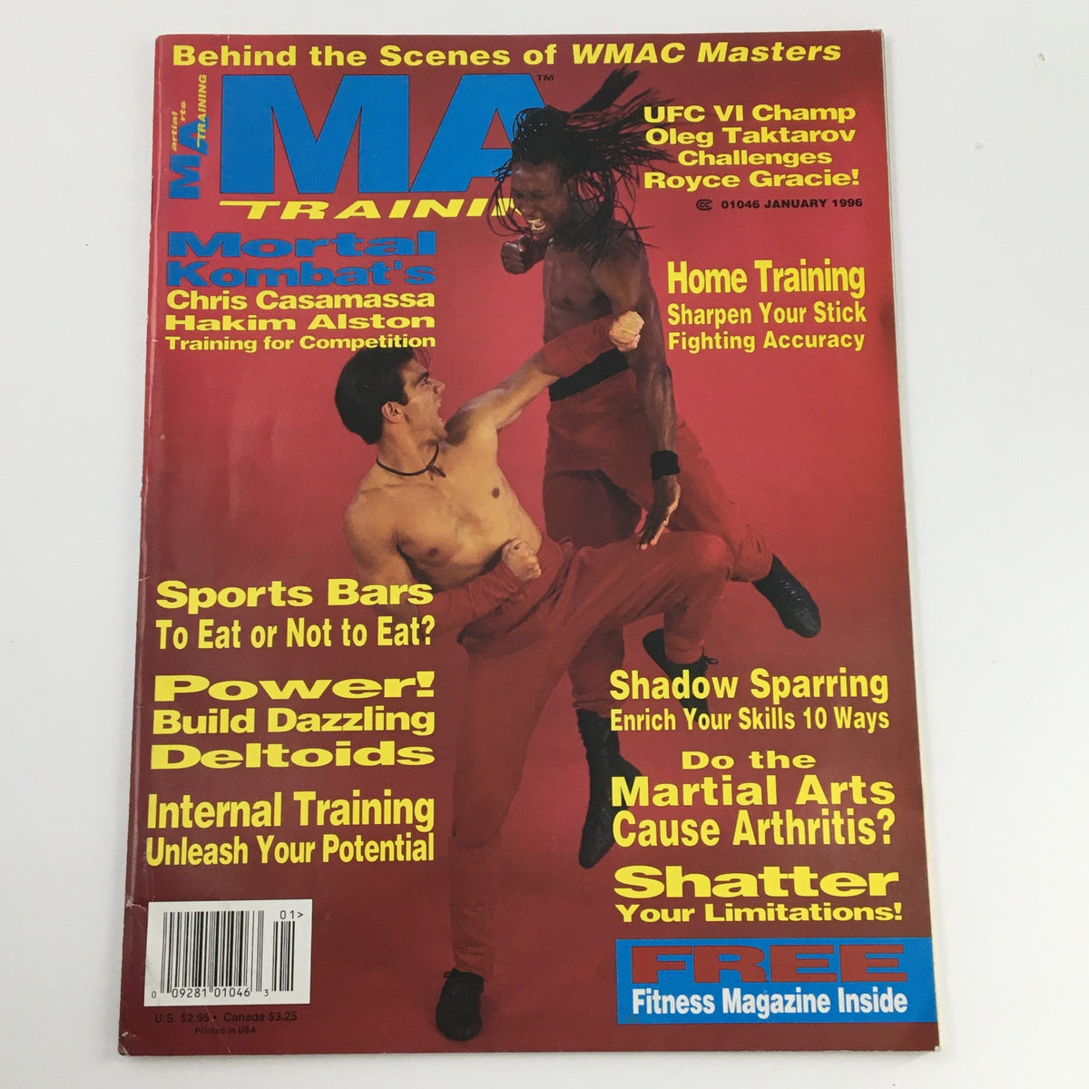 Cover of MA Training Magazine January 1996 highlighting Chris Casamassa and Hakim Alston, with headlines on martial arts training and health tips.
