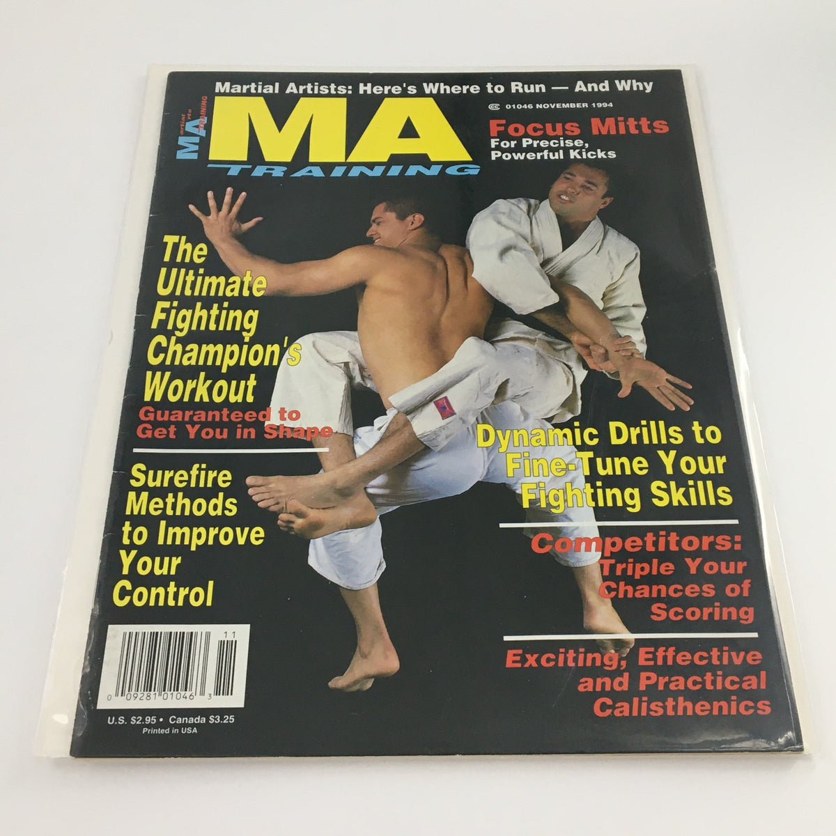 Cover of MA Training Magazine from November 1994 featuring the title 'Ultimate Fighting Champion's Workout', showcasing martial artists in action, with headlines about dynamic drills and calisthenics.