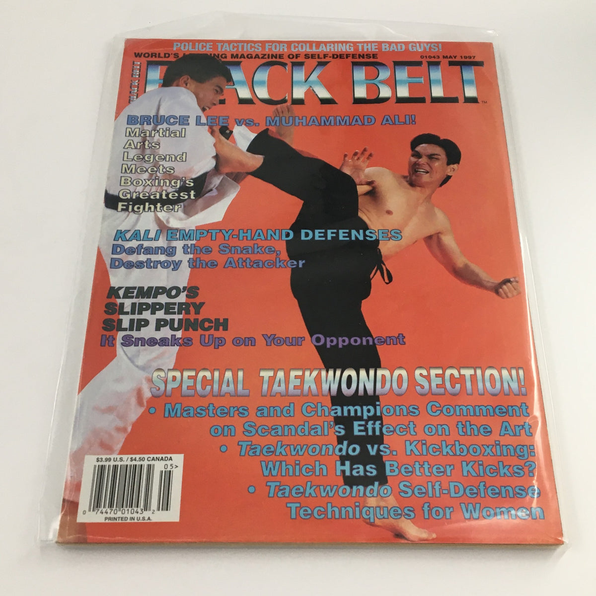 Cover of Black Belt Magazine May 1997 featuring Bruce Lee vs Muhammad Ali, highlighting martial arts and self-defense techniques, with articles on Taekwondo and other martial arts.