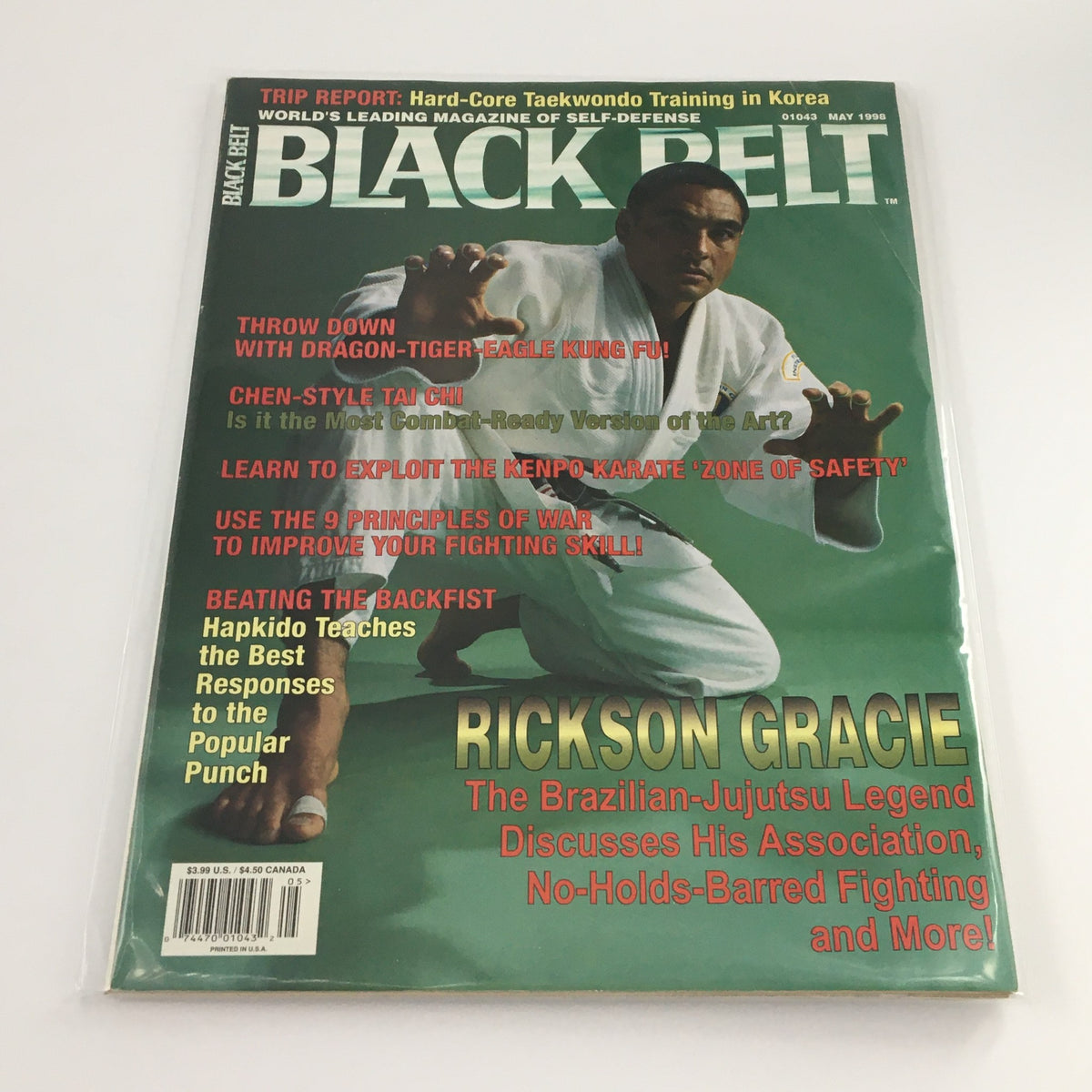Black Belt Magazine May 1998 featuring Rickson Gracie, Brazilian-Jujutsu Legend, showcasing martial arts techniques and training insights on the cover.