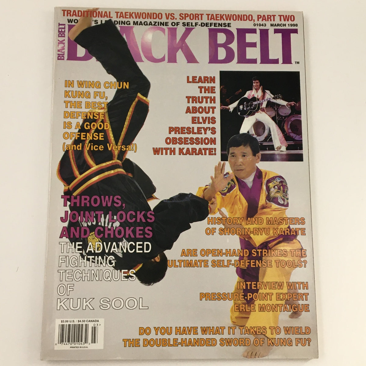 Cover image of Black Belt Magazine from March 1998, showcasing advanced Kuk Sool fighting techniques. The cover features action from martial arts, iconic references to Elvis Presley, and various martial arts disciplines.