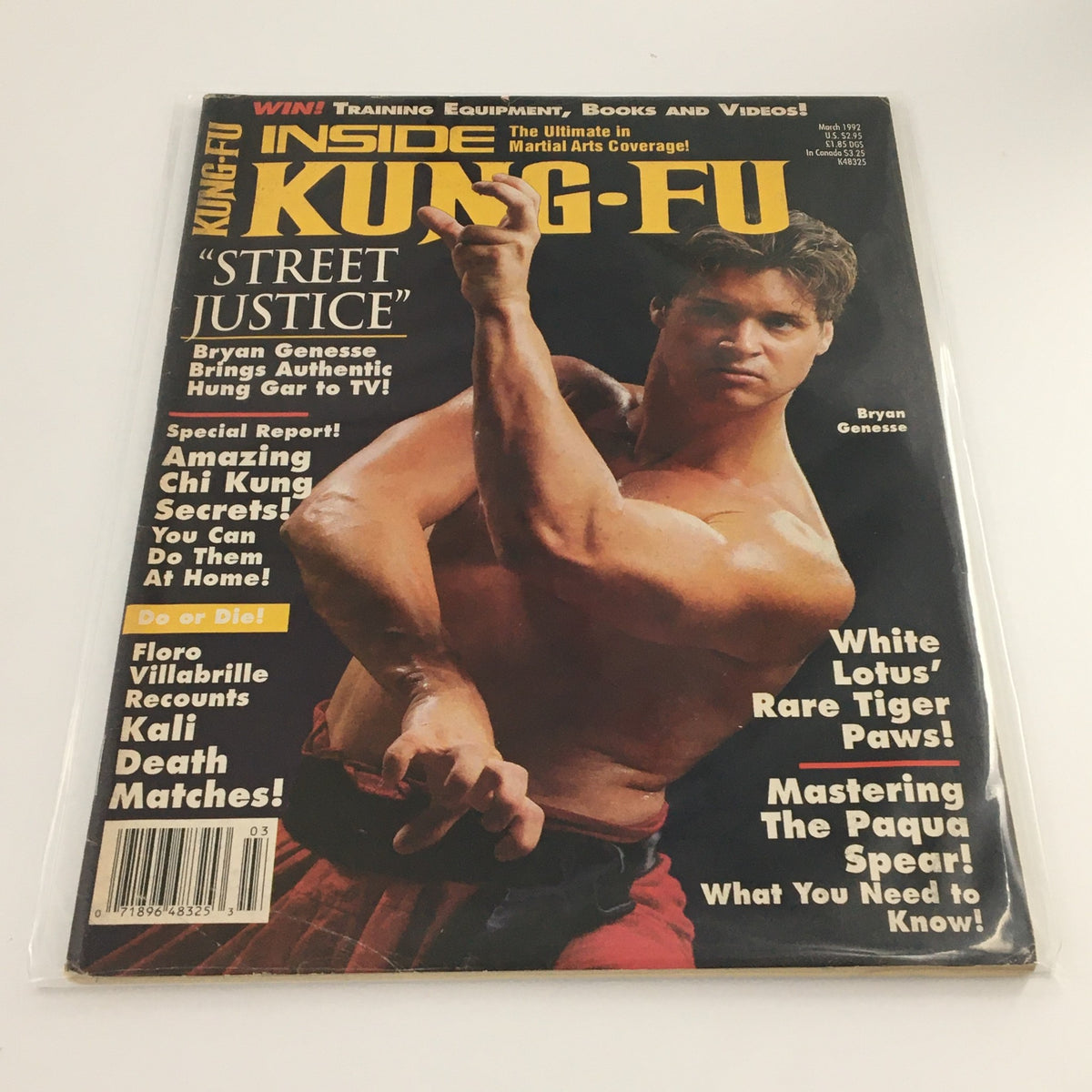 Cover of Inside Kung-Fu Magazine, March 1992 issue featuring Bryan Genesse showcasing 'Street Justice'. Highlights include Hung Gar martial arts, Chi Kung secrets, and Kali Death Matches. A vibrant representation of martial arts culture.