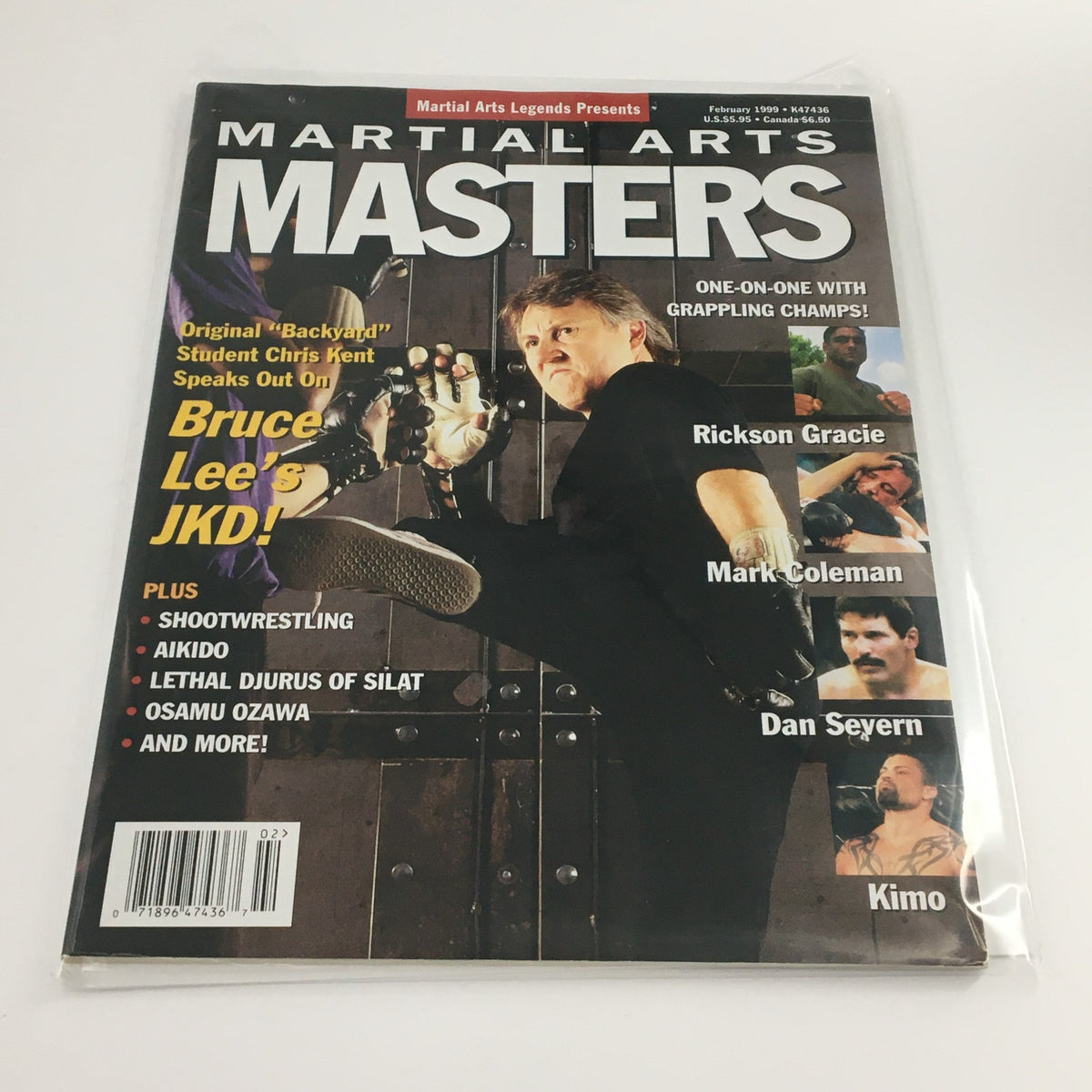 Martial Arts Masters Magazine February 1999 featuring Rickson Gracie on the cover, showcasing various martial arts themes including JKD, Shoot Wrestling, Aikido, and more.