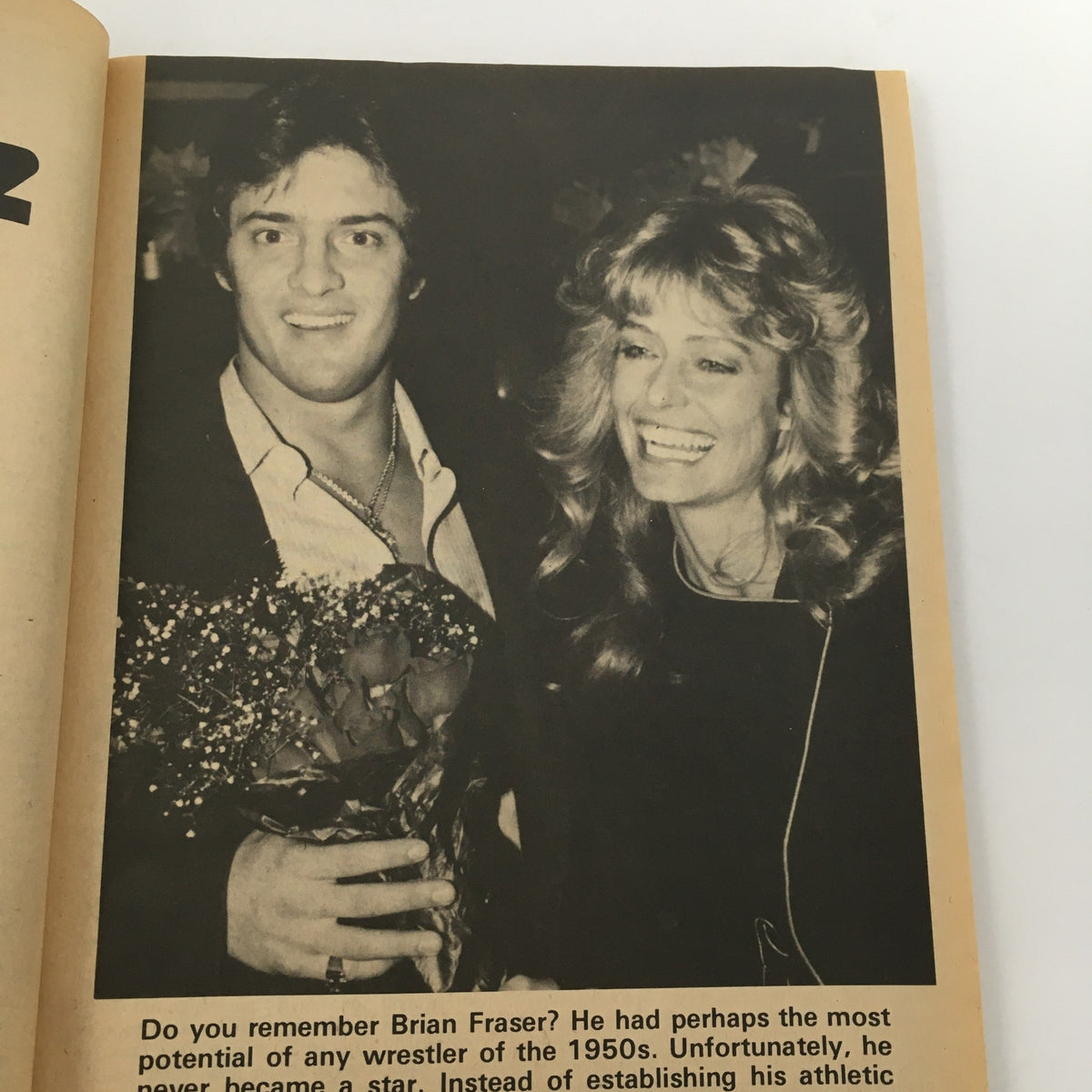 Wrestling Superstars Magazine Fall 1982 includes a photograph of Brian Fraser with a bouquet, alongside a woman. The image highlights personal moments in the wrestling community.