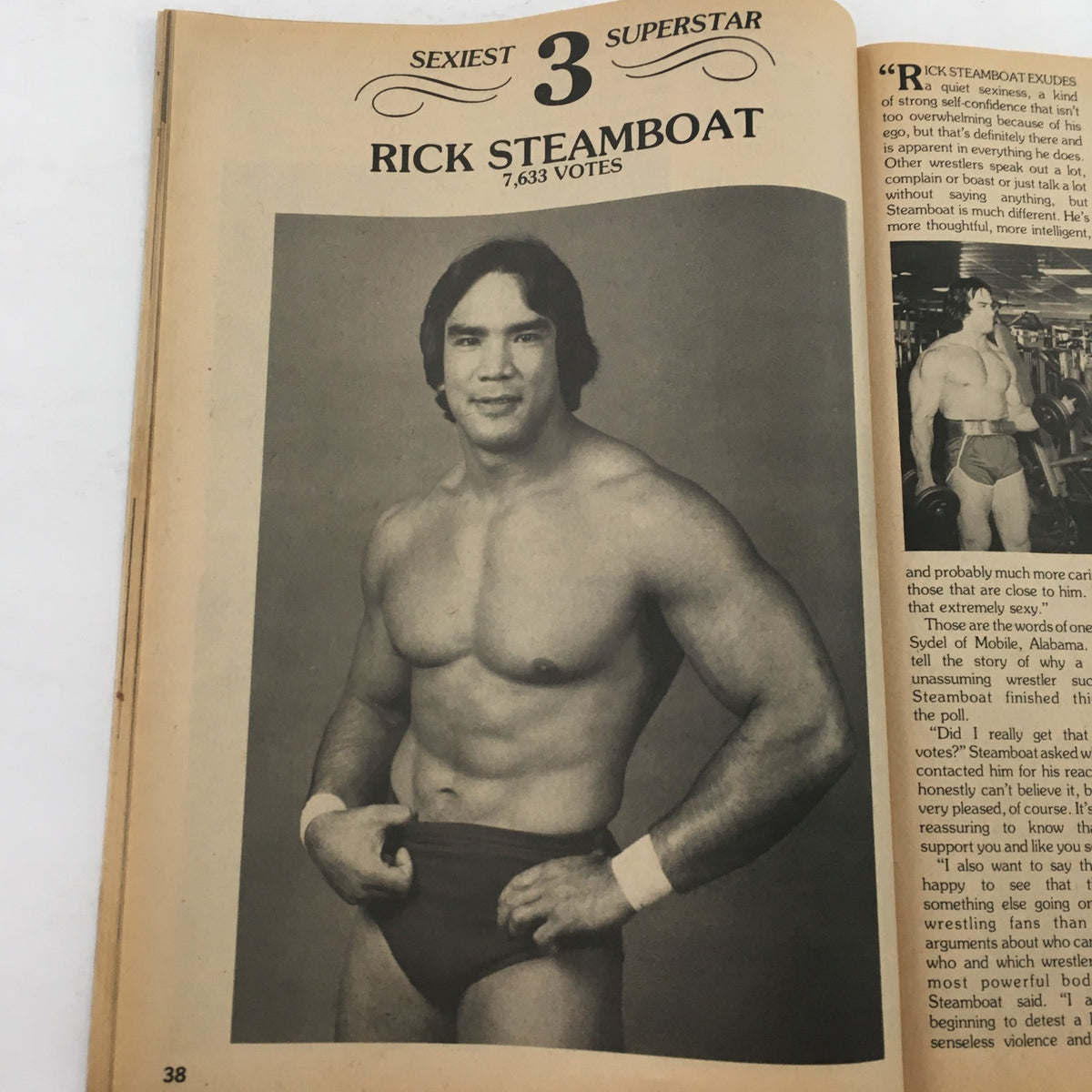 Wrestling Superstars Magazine Fall 1982 presents Rick Steamboat, labeled the 'Sexiest Superstar,' in a striking pose. The image emphasizes his athletic physique and popularity during the era.