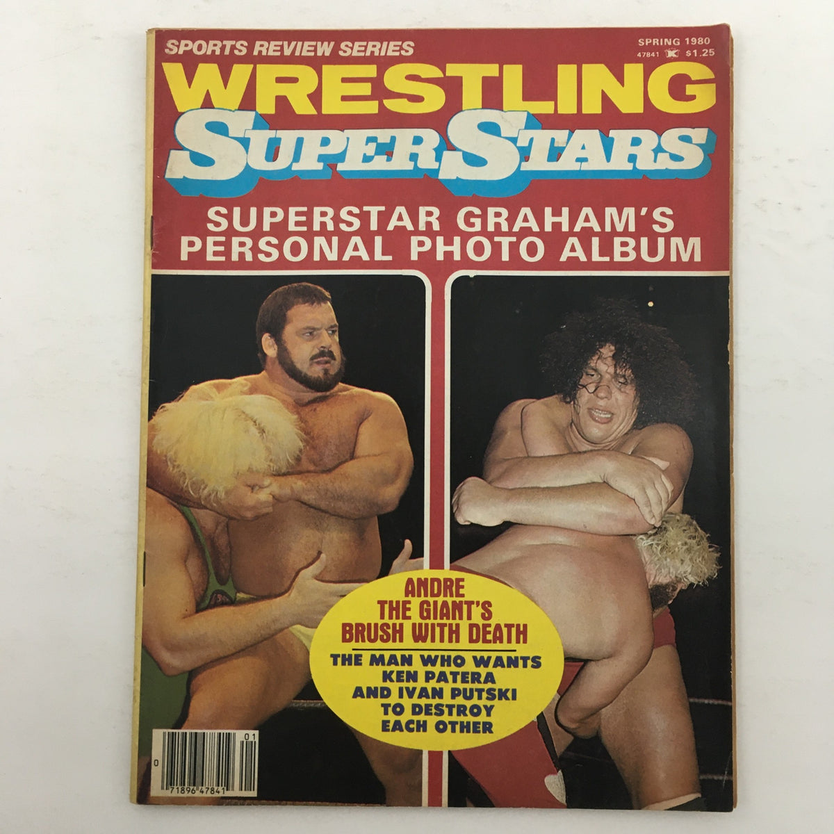 Wrestling Superstars Magazine Spring 1980 featuring Andre The Giant's Brush with Death on the cover, showcasing wrestling images and headlines related to the iconic wrestling figures of the era.