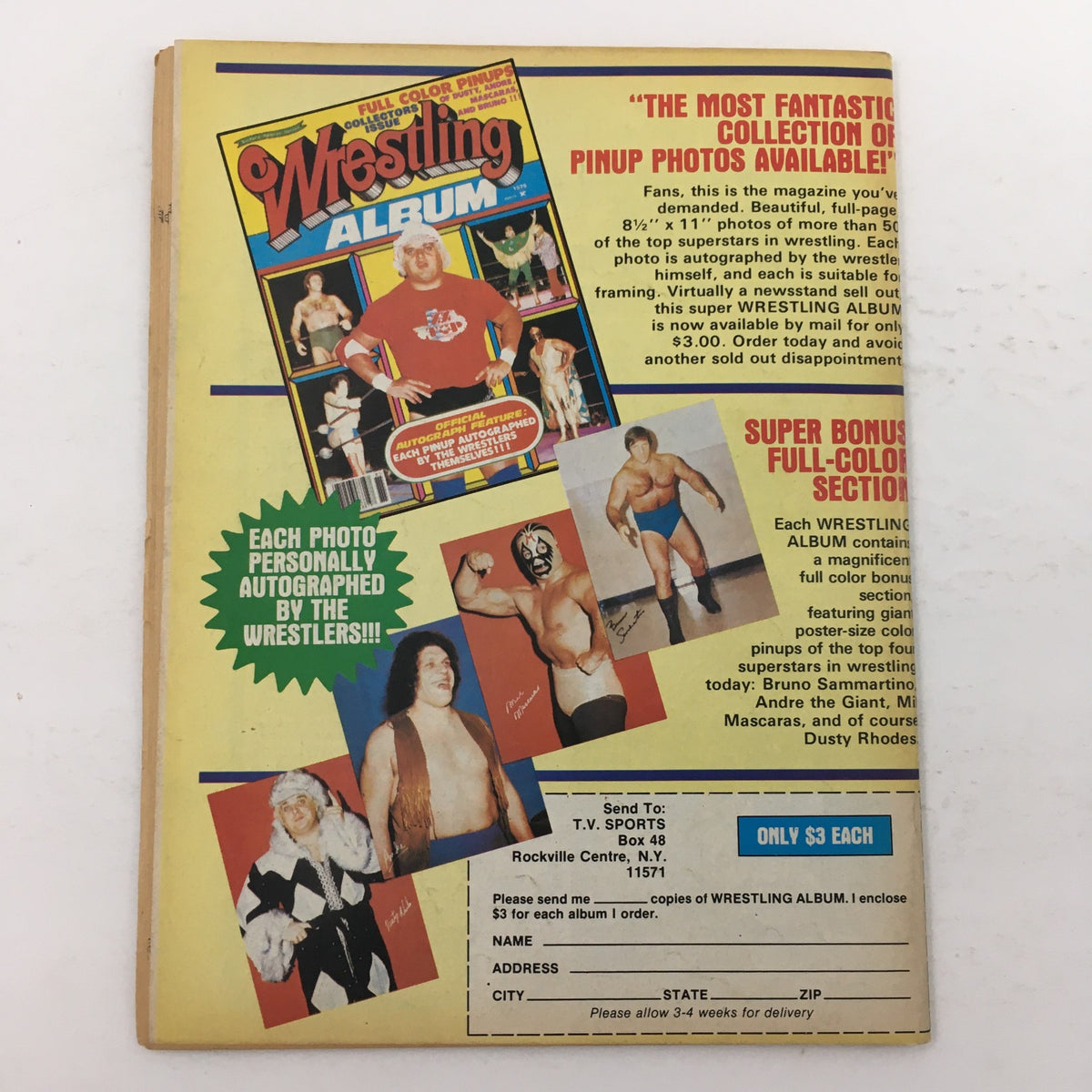 Back cover of Wrestling Superstars Magazine Spring 1980 promoting a Wrestling Album with autographed photos of wrestling superstars, including Andre The Giant.