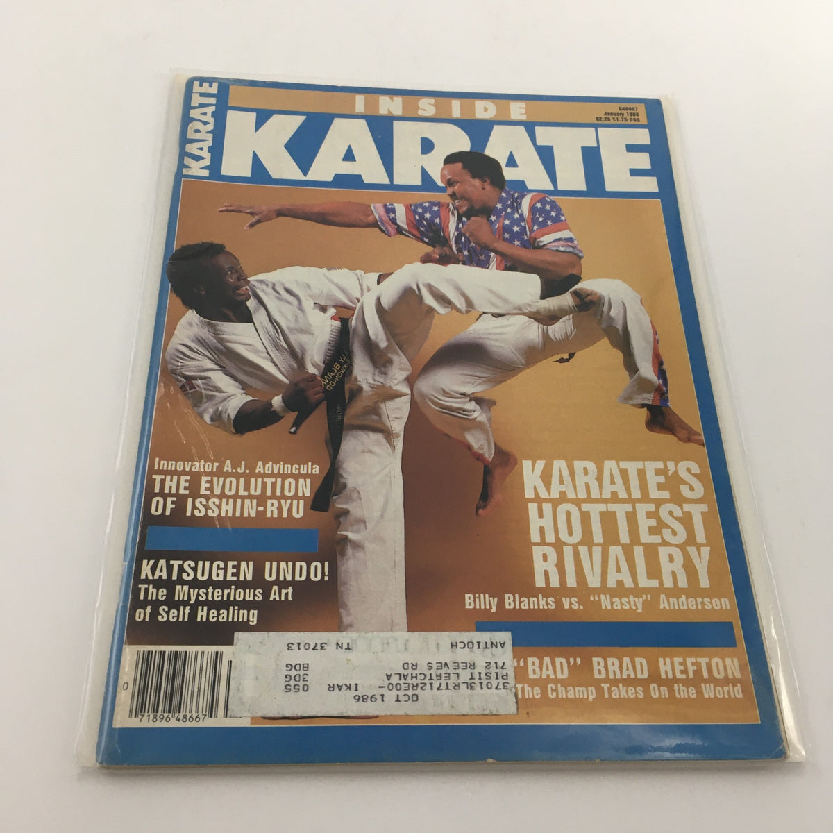 Cover of Inside Karate Magazine from January 1986 featuring the rivalry between Billy Blanks and Nasty Anderson, highlighting martial arts techniques and competition.