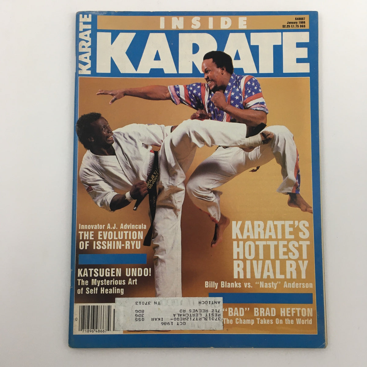 Inside Karate Magazine January 1986 cover showcasing Billy Blanks vs Nasty Anderson rivalry, with colorful martial arts imagery and promotional text.