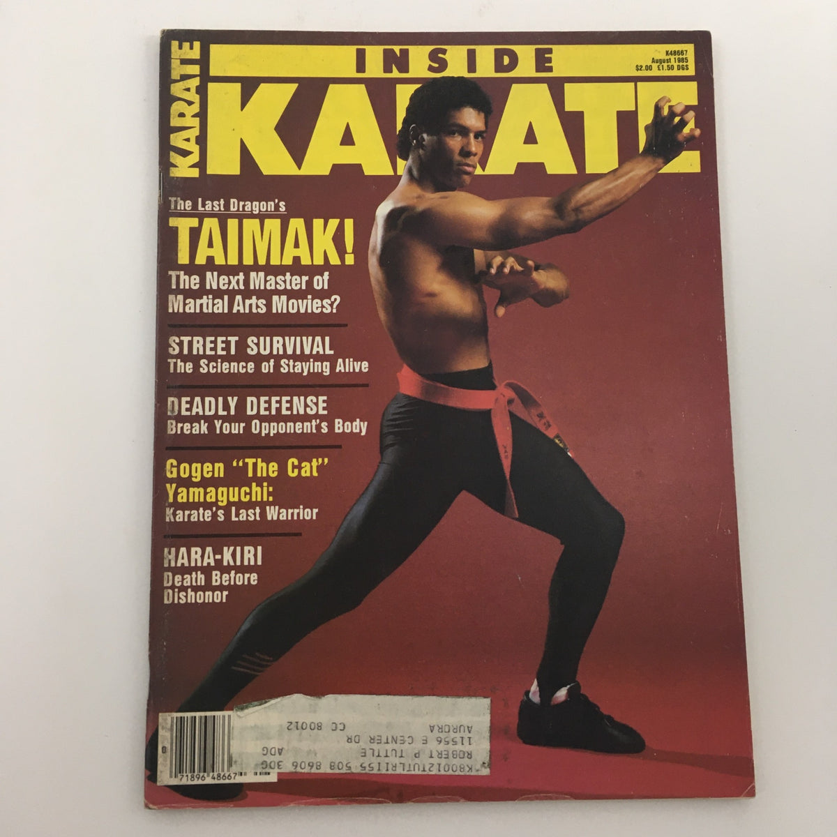 Cover of Inside Karate Magazine August 1985, highlighting Gogen "The Cat" Yamaguchi, with features on martial arts strategies and street survival.
