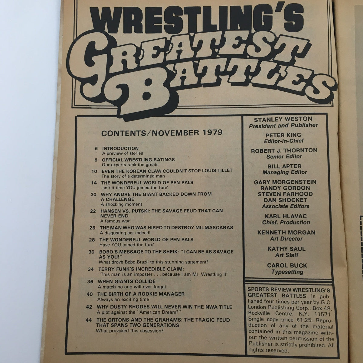 Contents page of Wrestling's Greatest Battles Magazine November 1979 outlining featured articles and stories.