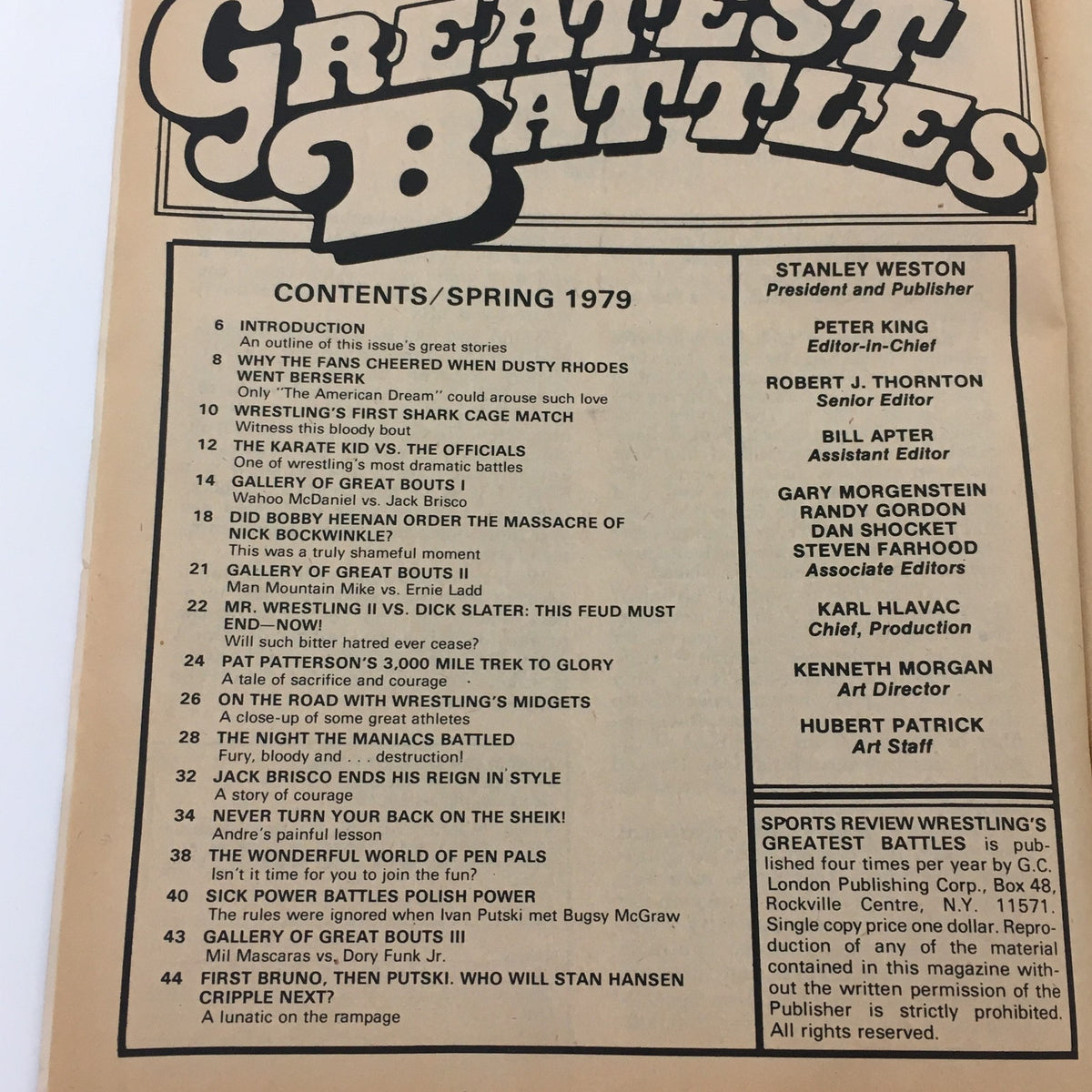 Contents page of Wrestling's Greatest Battles Magazine Spring 1979 detailing featured articles and stories including Andre The Giant's Painful Lesson.