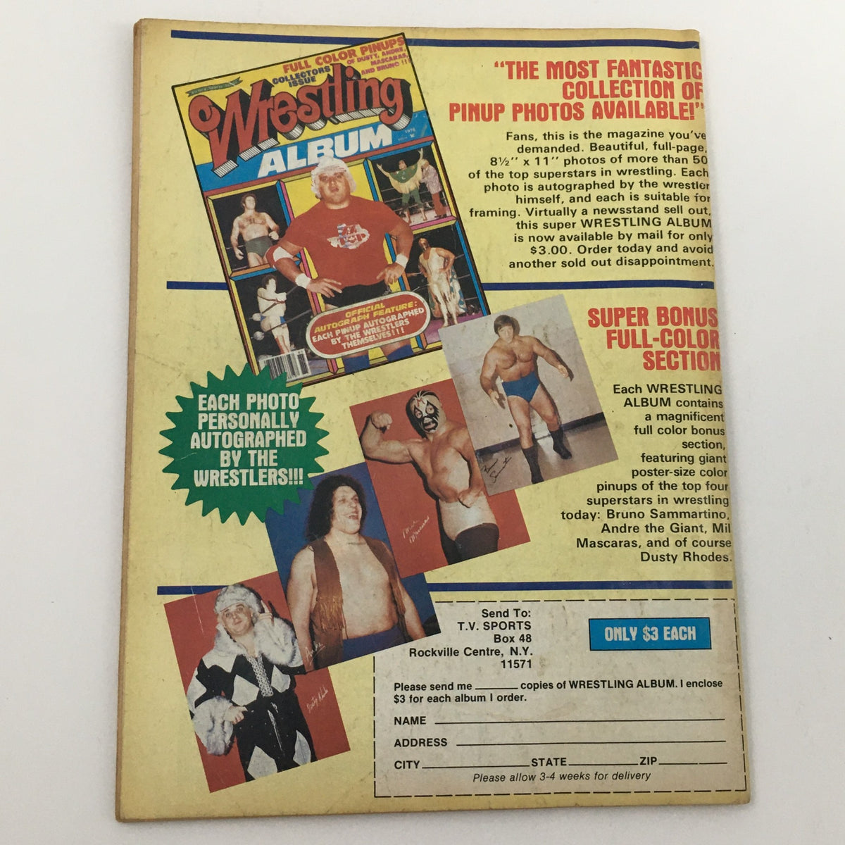 Back cover of Wrestling's Greatest Battles Magazine Spring 1979 featuring promotional content for a Wrestling Album and autographed photos by wrestlers, showcasing iconic figures like Andre The Giant.