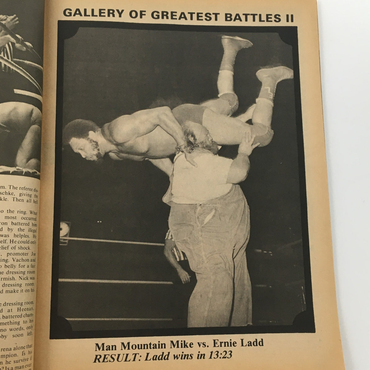 Another interior page of Wrestling's Greatest Battles Magazine Spring 1979 depicting the wrestling match between Man Mountain Mike and Ernie Ladd, detailing the results and features of legendary wrestling competitions.