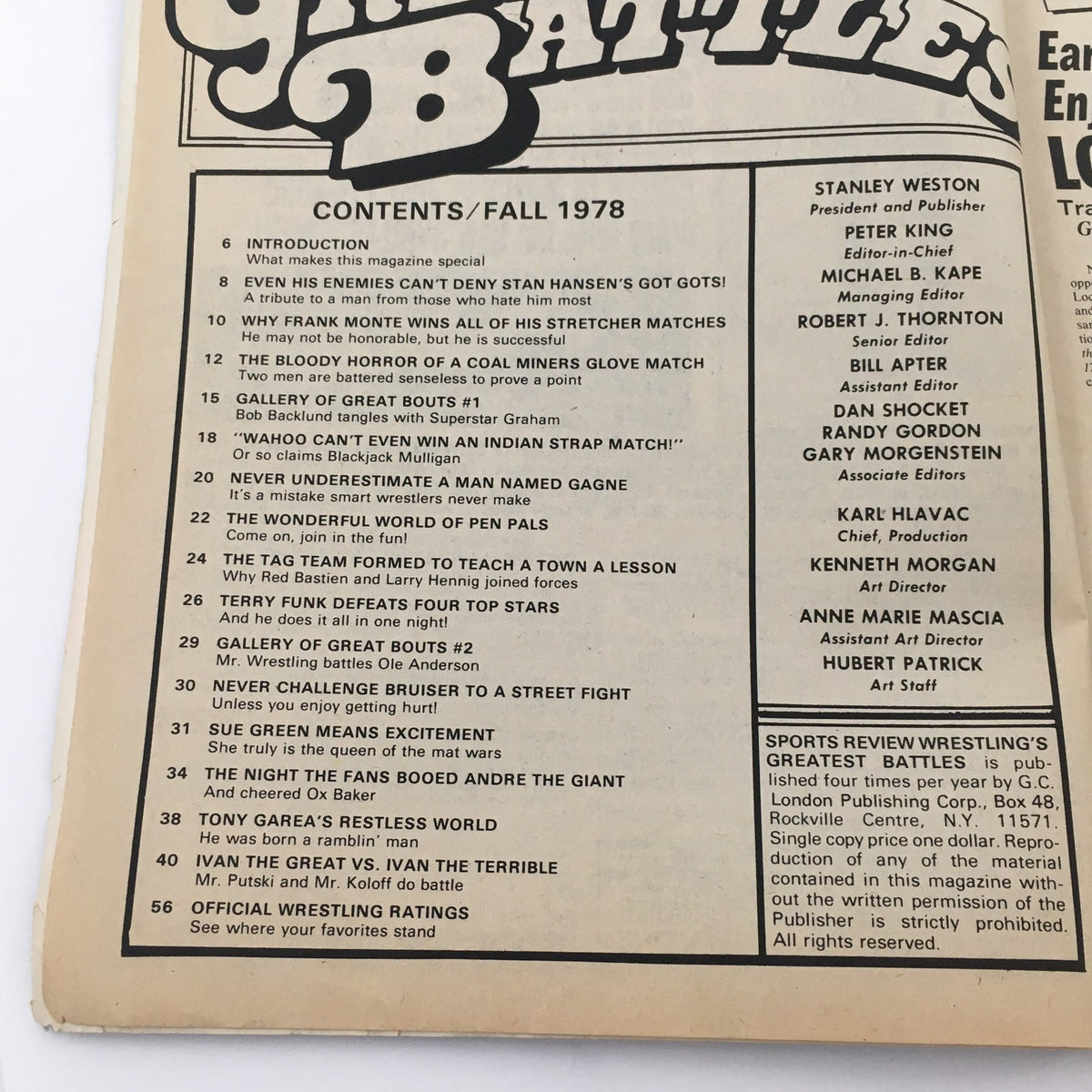 Contents page of Wrestling's Greatest Battles Magazine Fall 1978, detailing articles and features about wrestling legends, including highlights of the matches and key debates within the wrestling community.