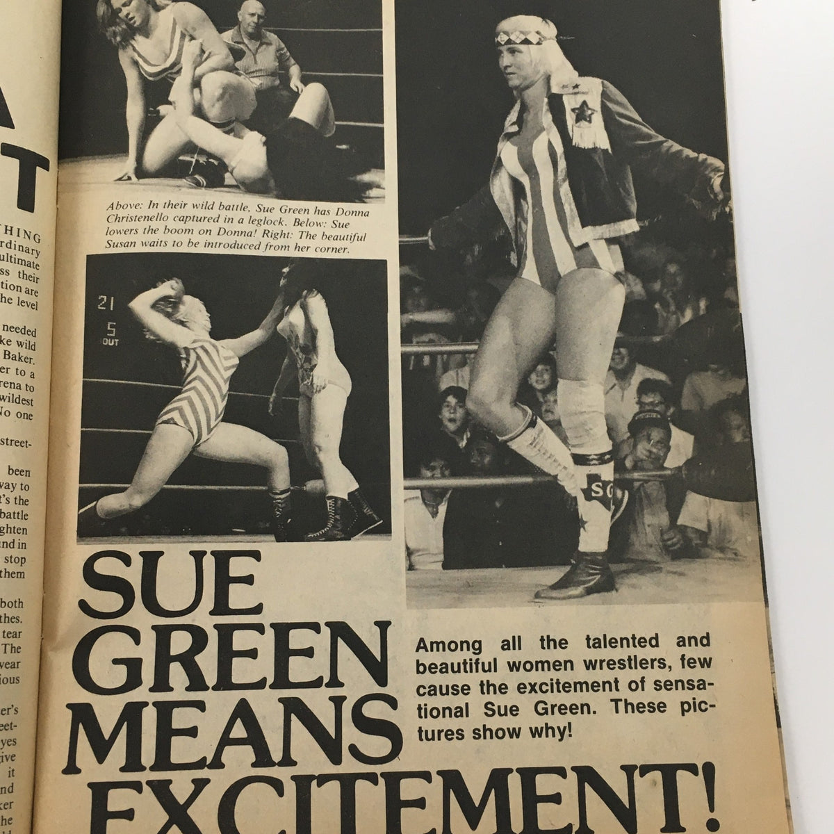 Page from Wrestling's Greatest Battles Magazine Fall 1978 highlighting Sue Green, a sensational women wrestler, with exciting action shots from her matches and a bold headline celebrating her talent.