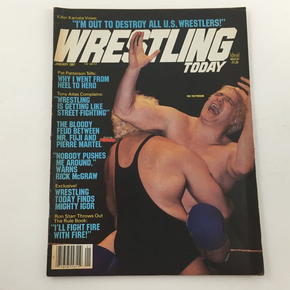 Cover of Wrestling Today Magazine, January 1981 featuring Pat Patterson and Killer Kamata, showcasing their wrestling rivalry with an eye-catching headline.