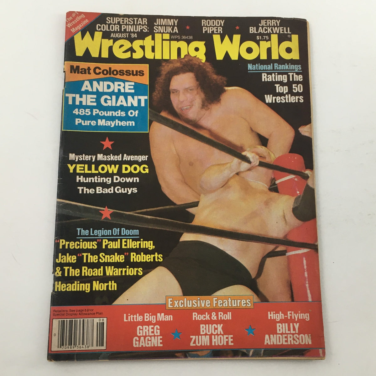 Wrestling World Magazine August 1984 featuring Andre the Giant on the cover with the title and headlines highlighting key wrestling events and personalities.