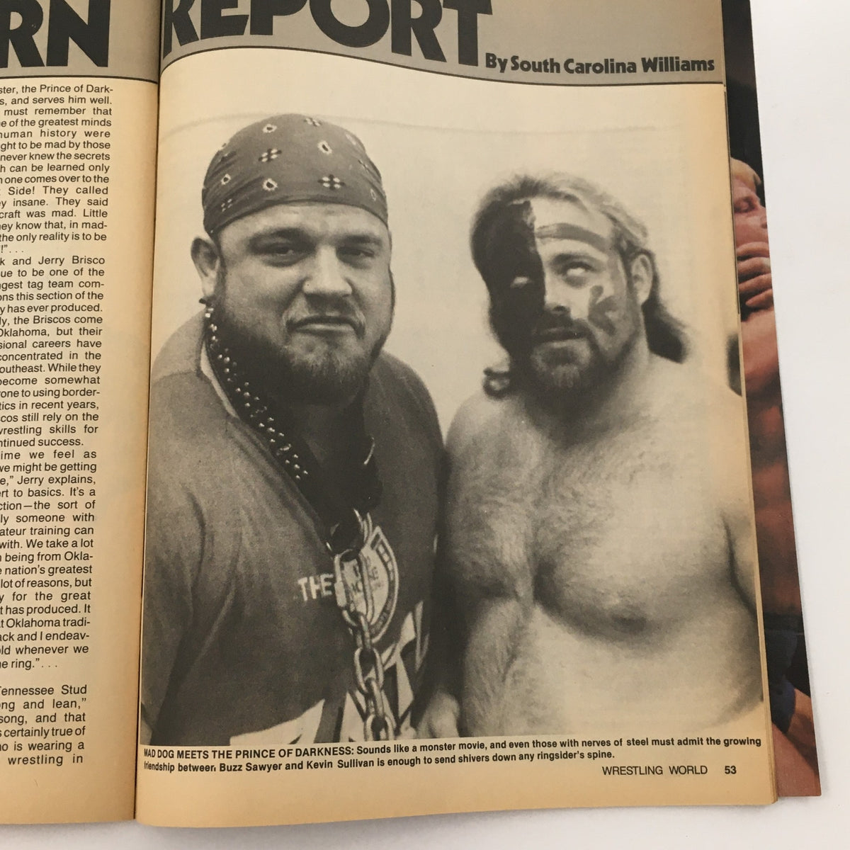 Editorial content from Wrestling World Magazine August 1984 discussing wrestling events and personalities including Buzz Sawyer and Kevin Sullivan.