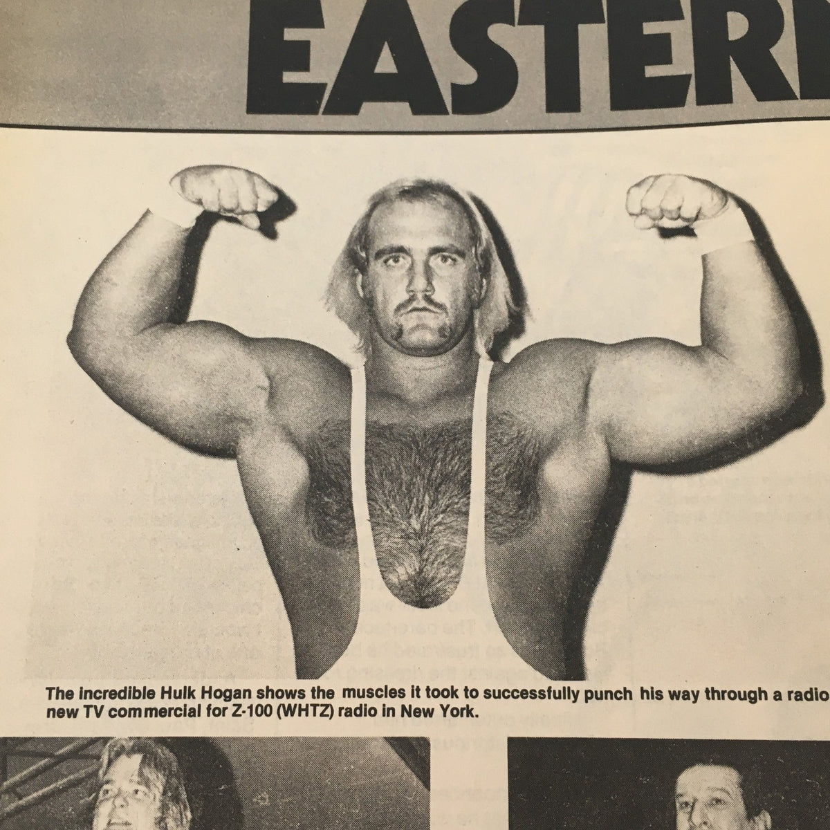 Image from Wrestling World Magazine August 1984 featuring Hulk Hogan showcasing his muscles while promoting a TV commercial, a highlight of wrestling history.