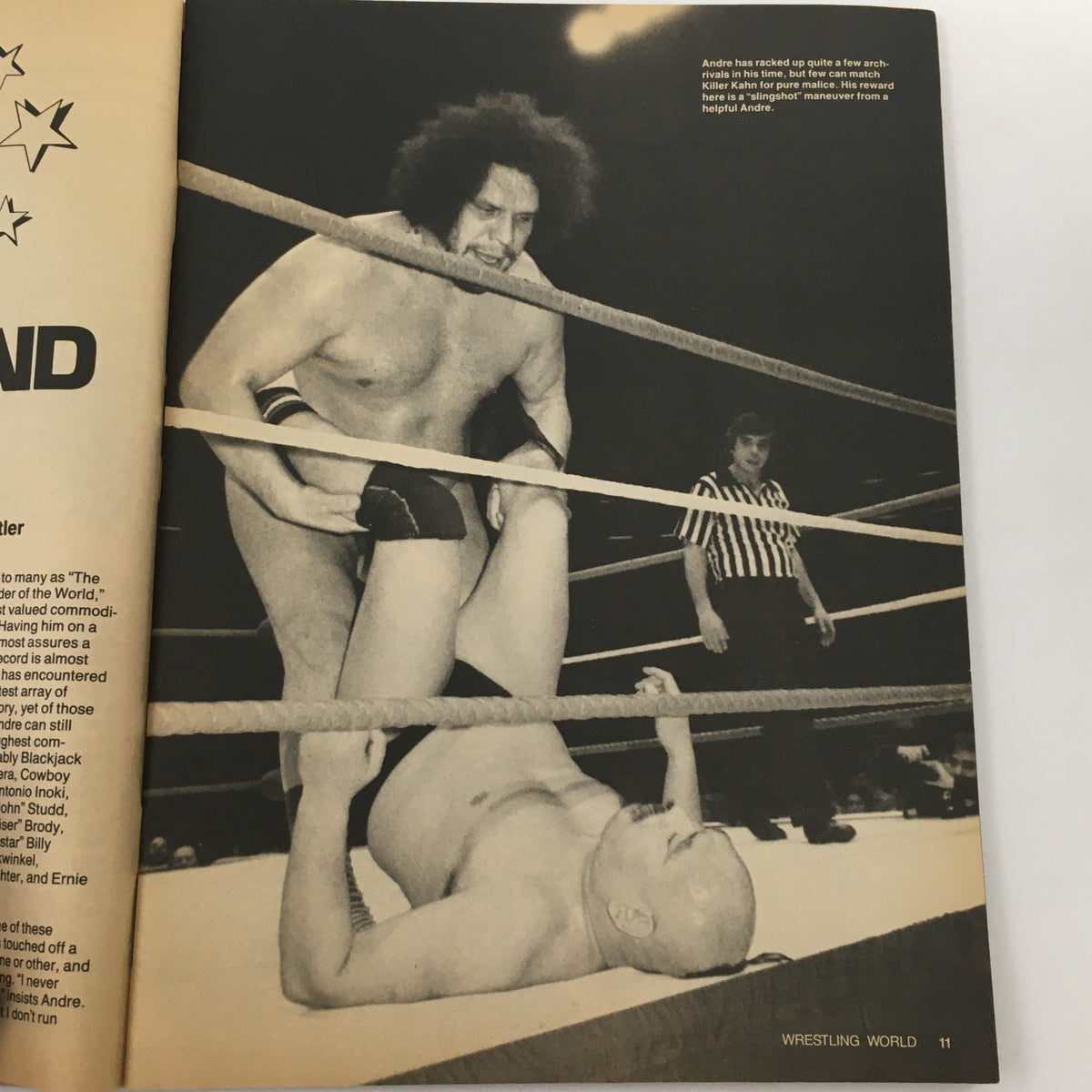 Image from Wrestling World Magazine August 1984 showing Andre the Giant in the ring with another wrestler, illustrating the dramatic moments of wrestling history.