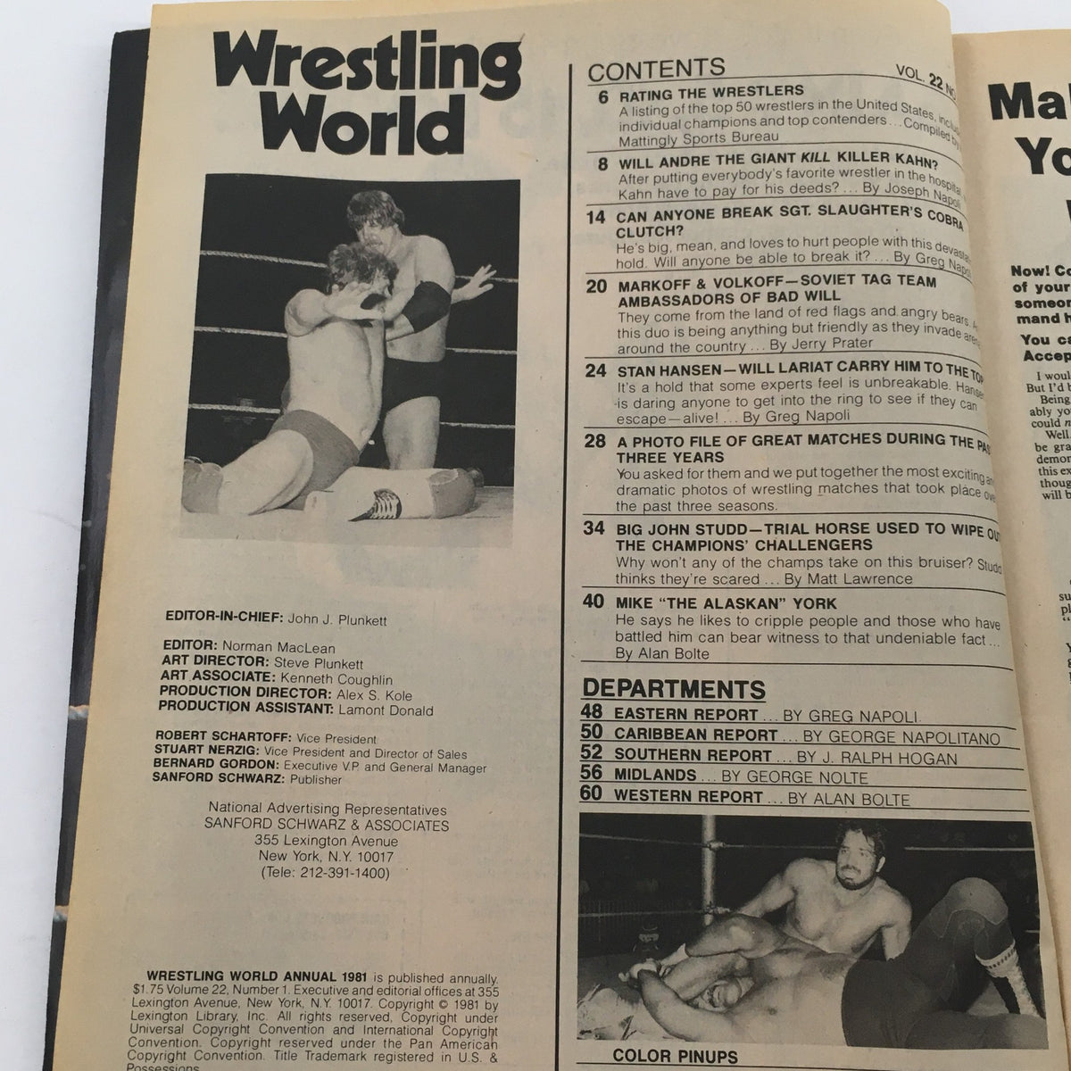 Inside page of Wrestling World Magazine 1981 displaying the table of contents with listings related to wrestling, including the article on Andre the Giant's rivalry with Killer Kahn.