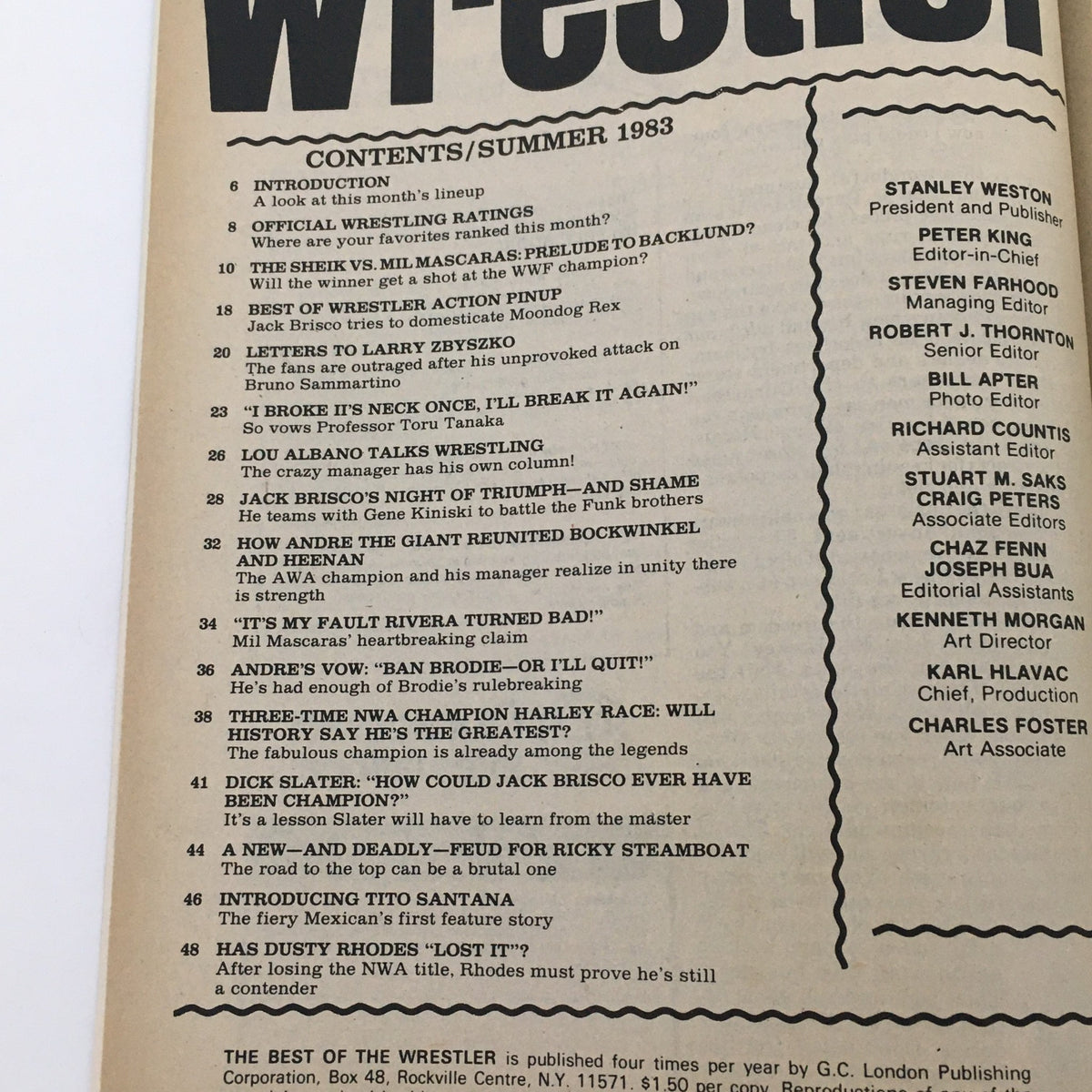 Table of contents page from The Best of the Wrestler Magazine Summer 1983, detailing articles and highlights on professional wrestling.