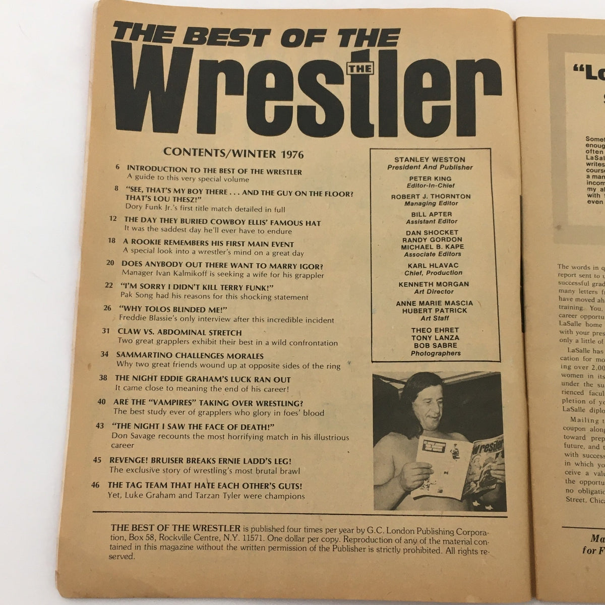 Table of contents page from The Best of the Wrestler Magazine Winter 1976, listing features including Freddie Blassie's article, showcasing vintage wrestling culture.