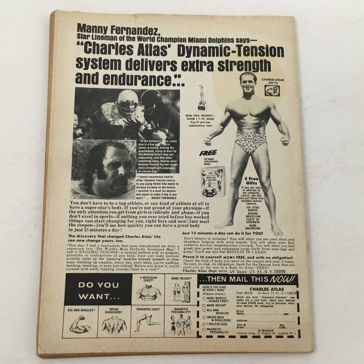 Back cover of The Best of the Wrestler Magazine Winter 1976 promoting Charles Atlas' Dynamic-Tension system, emphasizing athletic strength and endurance.