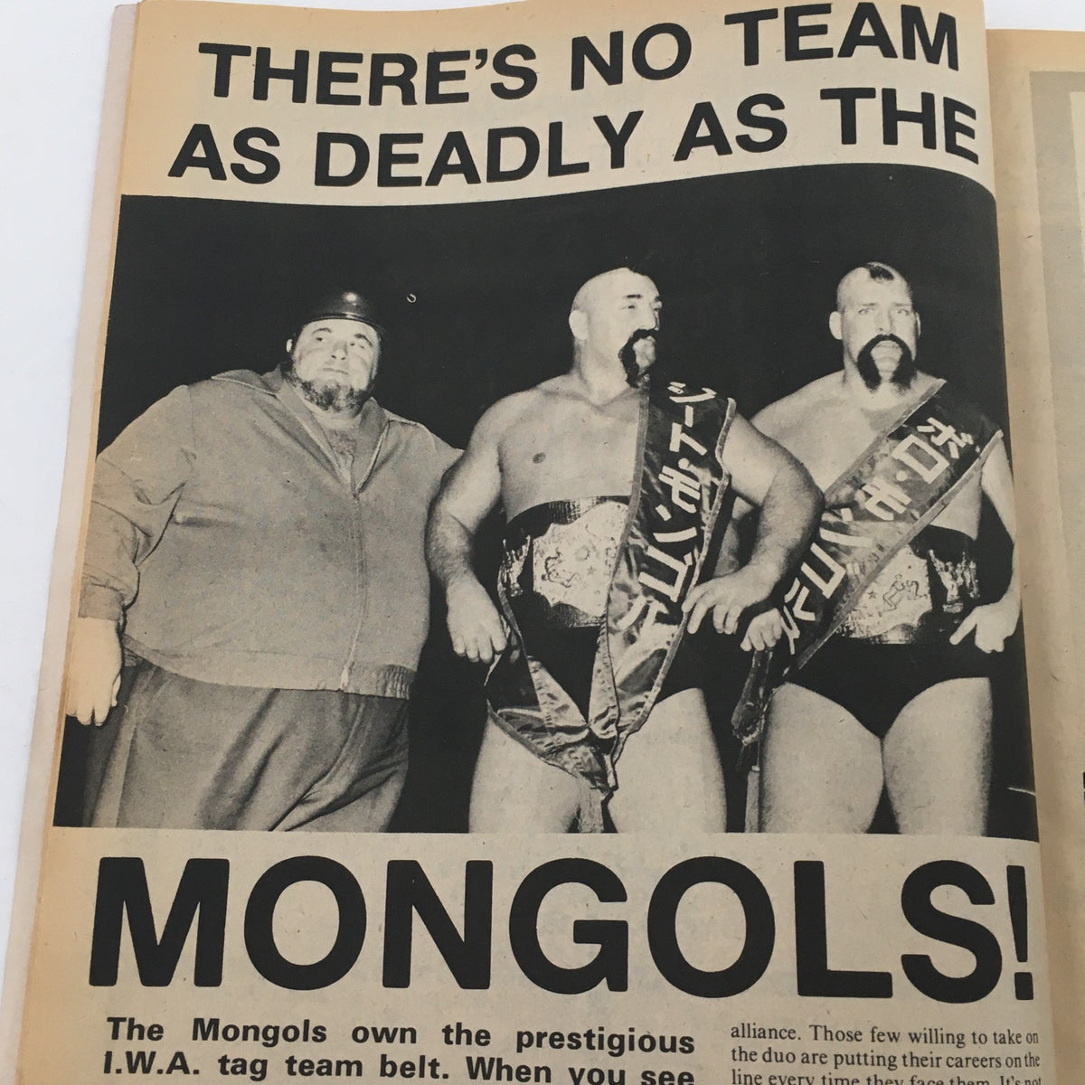 The Mongols wrestling tag team featured in a dramatic black and white photo, showcasing their championship belts. Title: The Best of the Wrestler Magazine Summer 1979.