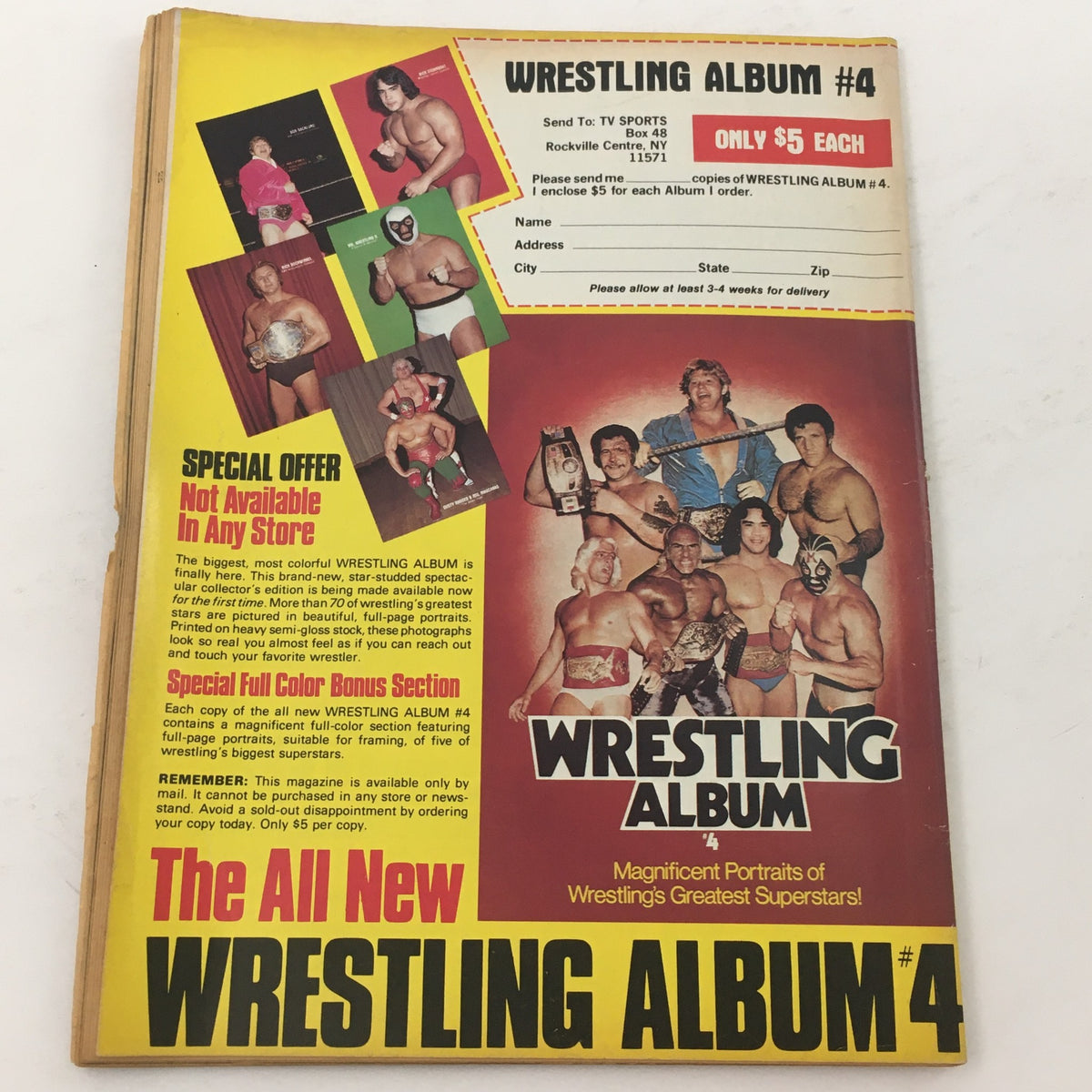 Back cover of The Best of the Wrestler Magazine Spring 1981 showcasing the Wrestling Album #4 advertisement with colorful images of popular wrestlers.