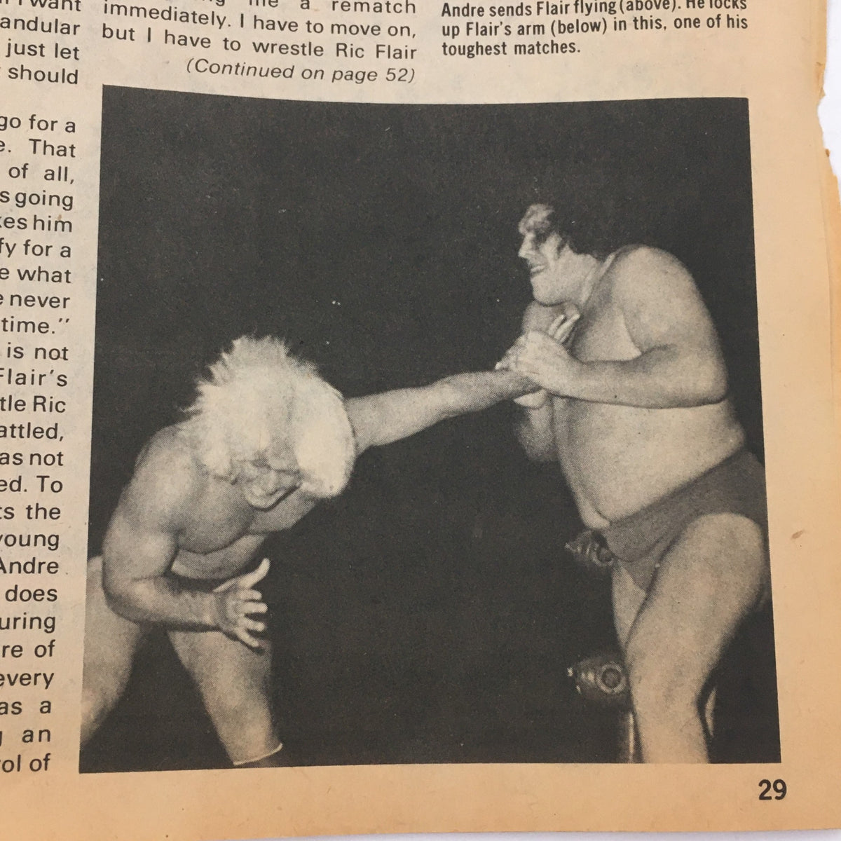 Image from The Best of the Wrestler Magazine Spring 1981 showing iconic wrestlers Ric Flair and Andre the Giant engaged in a match. This collectible magazine captures a significant moment in professional wrestling history.