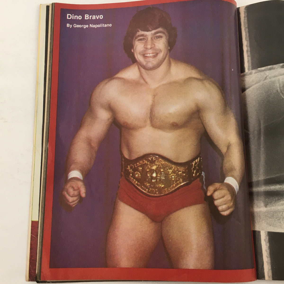 Dino Bravo posing with a championship title belt in Wrestling Training Illustrated Magazine Spring 1980, showcasing wrestling talent.