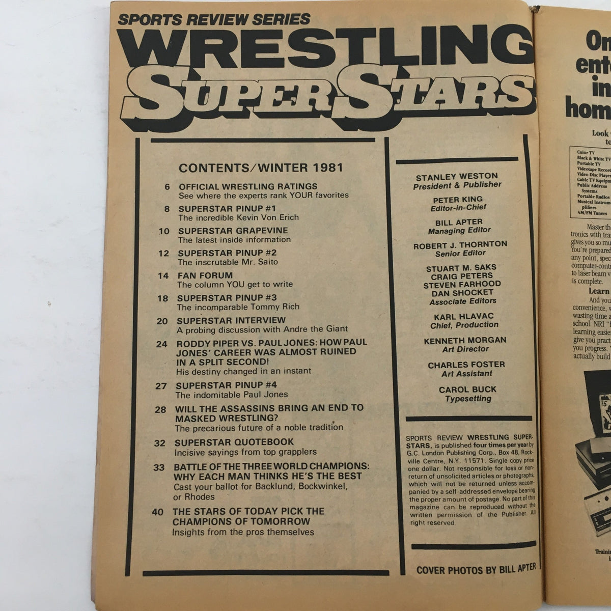 Wrestling Superstars Magazine Winter 1981 showcasing the contents page including articles and pin-ups, highlighting Andre the Giant and Rugged Sgt. Slaughter.