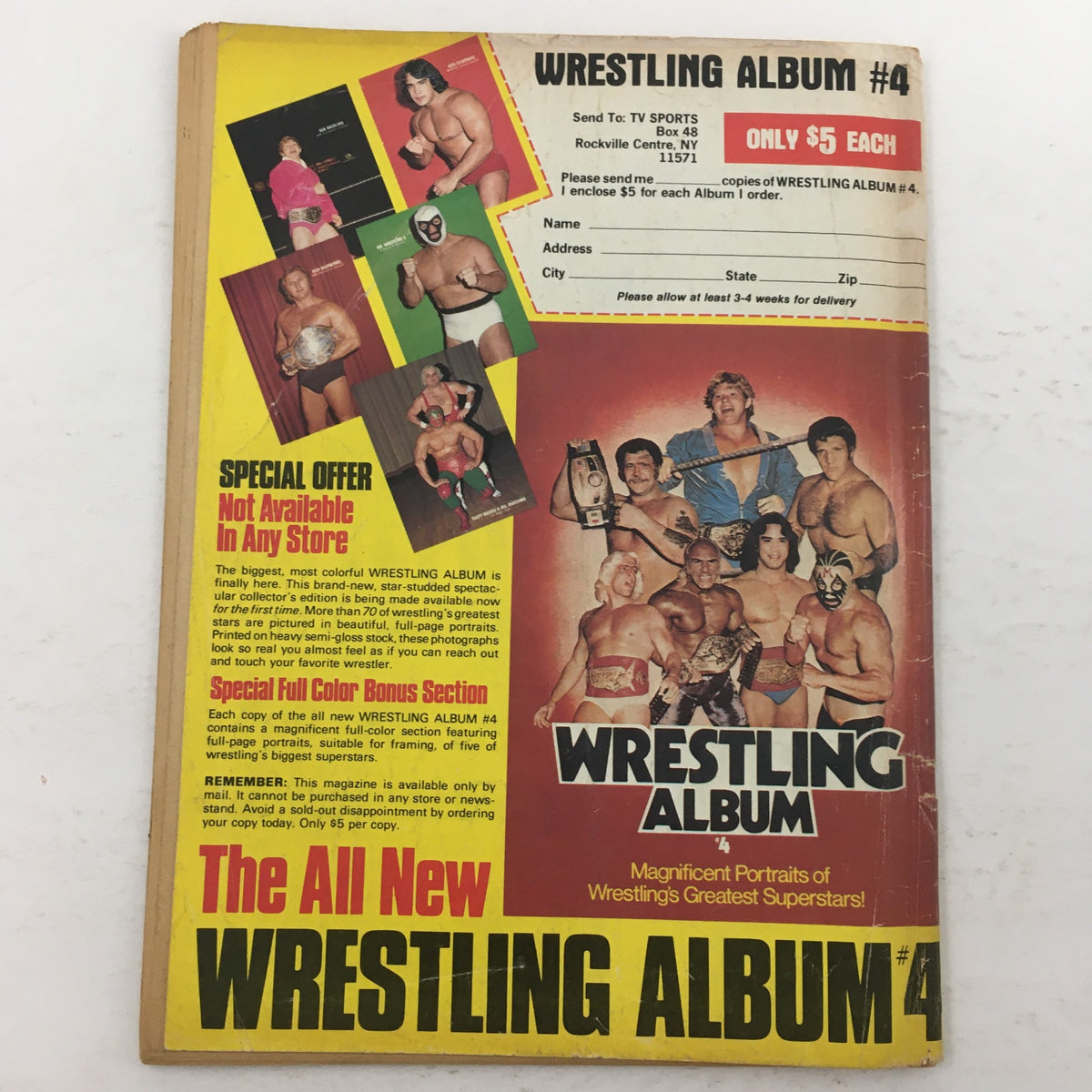 Back cover of Wrestling Album #4, showcasing a colorful layout with photos of wrestling superstars and promotional text highlighting special offers and unique content available only through this magazine.