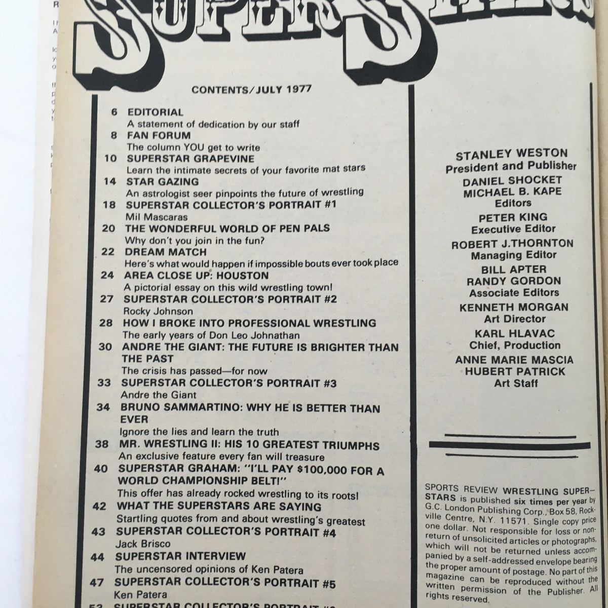 Table of contents page from Wrestling Superstars Magazine July 1977, showcasing featured articles and wrestling portraits.