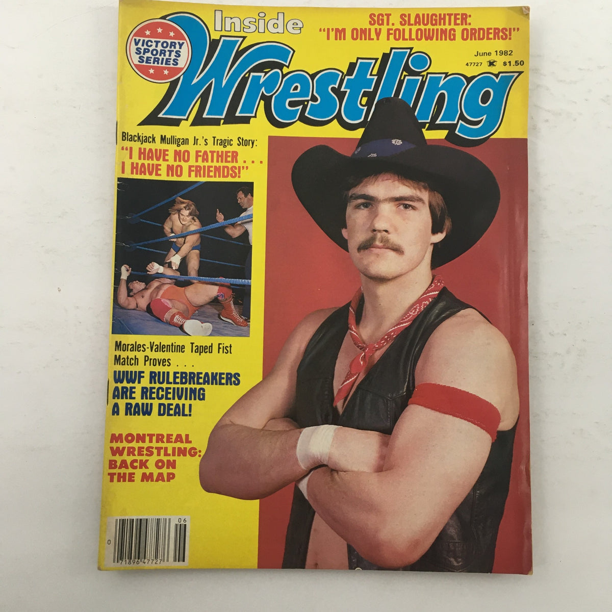 Inside Wrestling Magazine June 1982 cover featuring a cowboy-themed wrestler in a hat and leather vest, with references to Sgt. Slaughter and a featured tragic story.