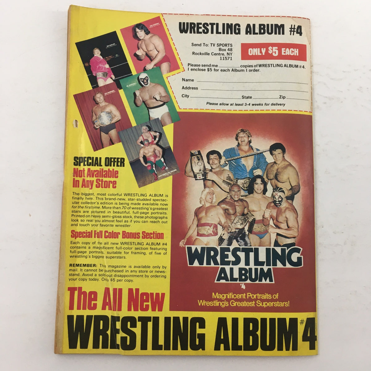 Inside Wrestling Magazine June 1982 promotional page for Wrestling Album #4, showcasing colorful portraits of famous wrestlers and subscription details.