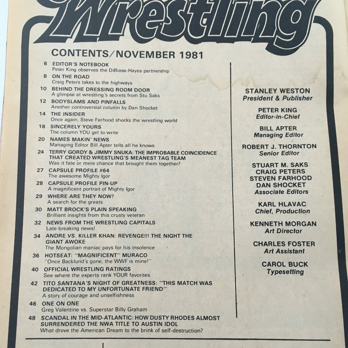 Table of contents for Inside Wrestling Magazine, November 1981, listing articles including the feature match between Andre the Giant and Killer Khan.