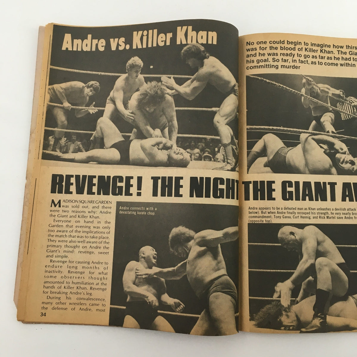 Inside pages of Inside Wrestling Magazine from November 1981 detailing the match between Andre the Giant and Killer Khan, providing insights and dramatic visuals.