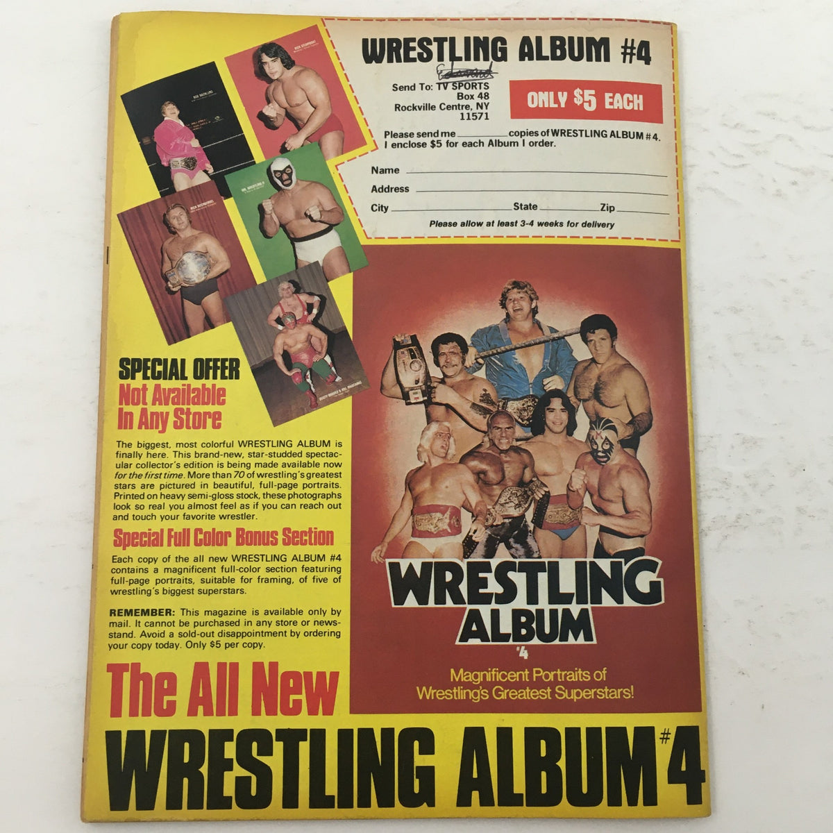 Advertisement for Wrestling Album #4 on the back cover of Inside Wrestling Magazine July 1981, promoting full-color portraits of wrestling superstars.