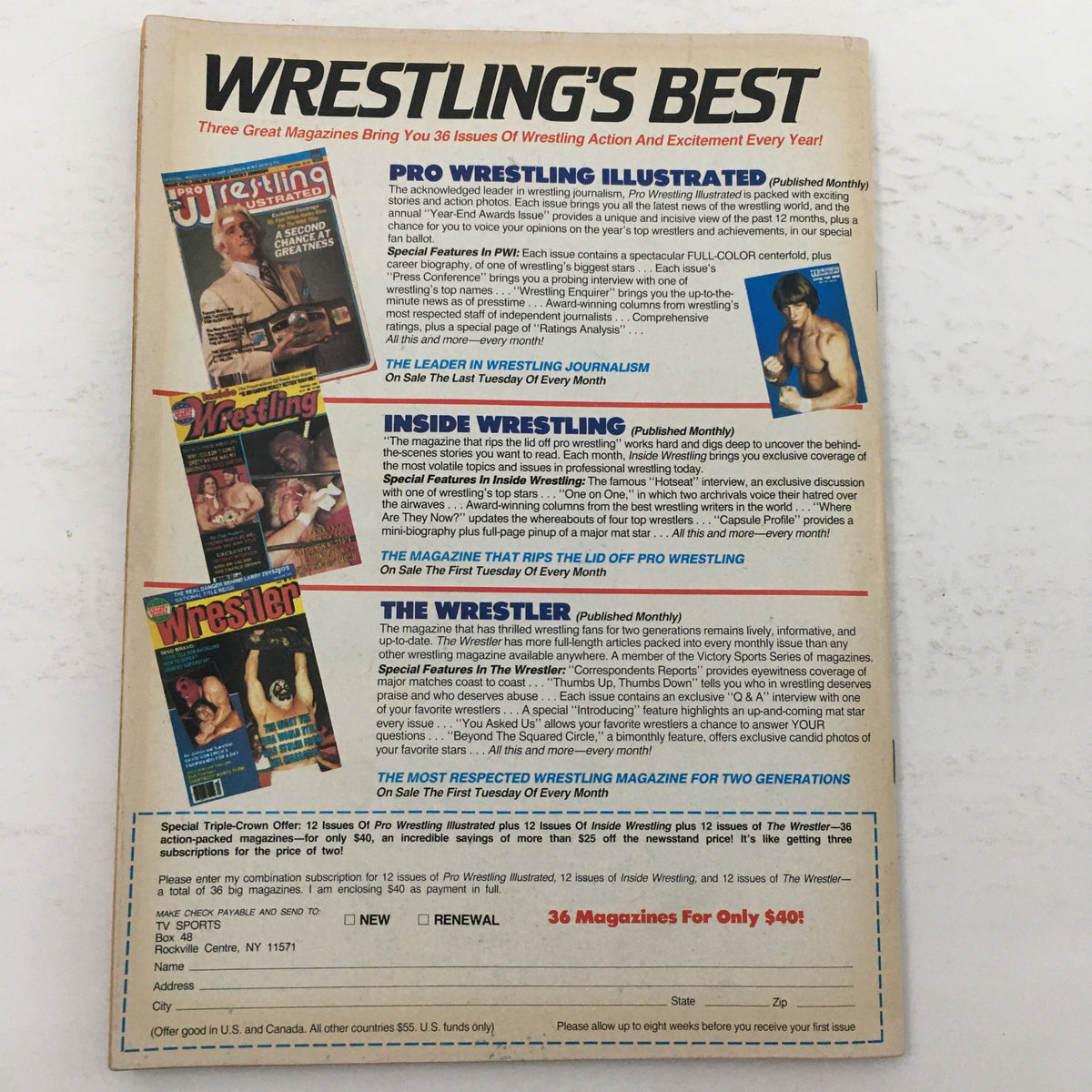Advertisement page from Inside Wrestling Magazine July 1985 promoting various wrestling magazines, emphasizing wrestling journalism and insights.
