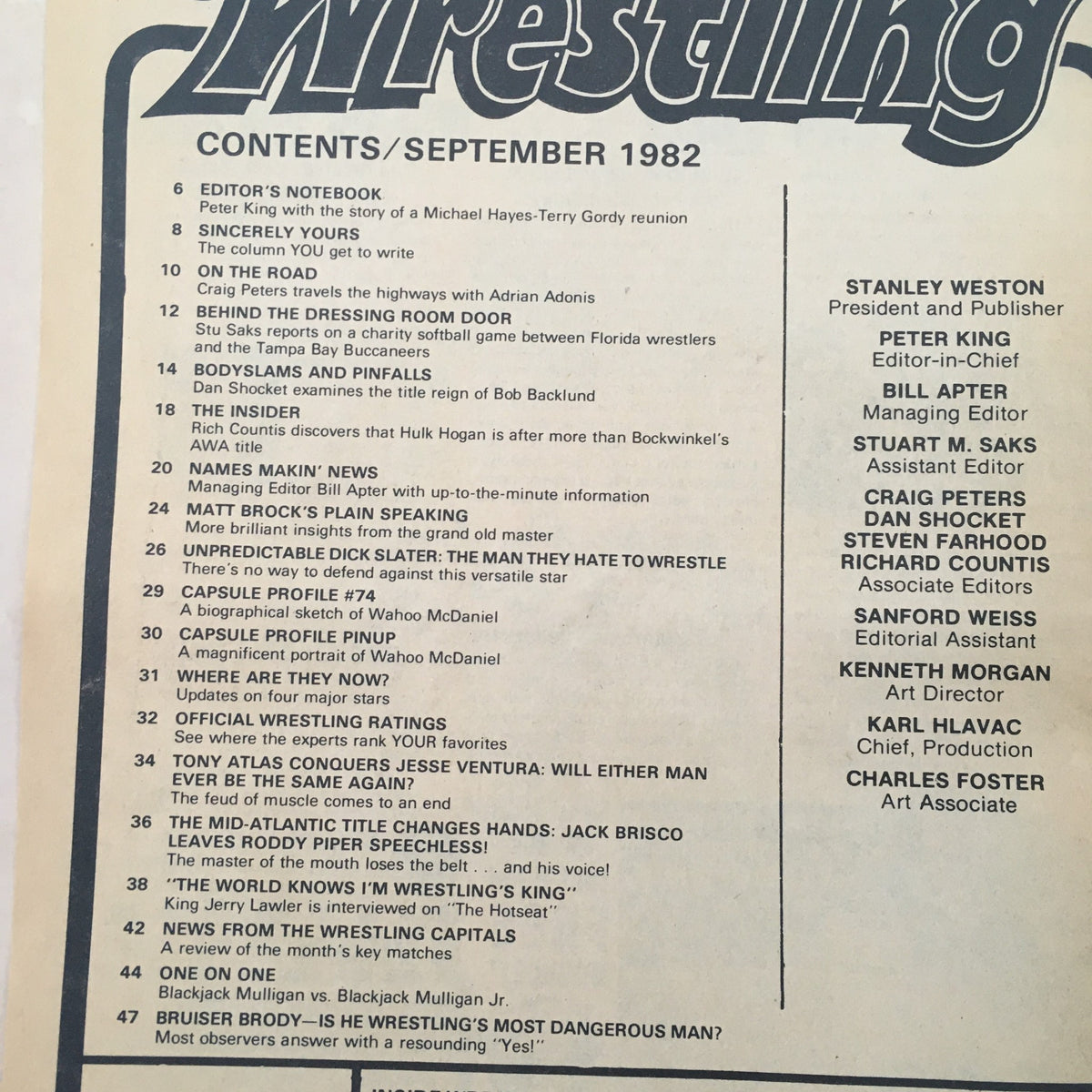 Contents page of Inside Wrestling Magazine September 1982, featuring headlines and article titles including a feature on Tony Atlas and Jesse Ventura.