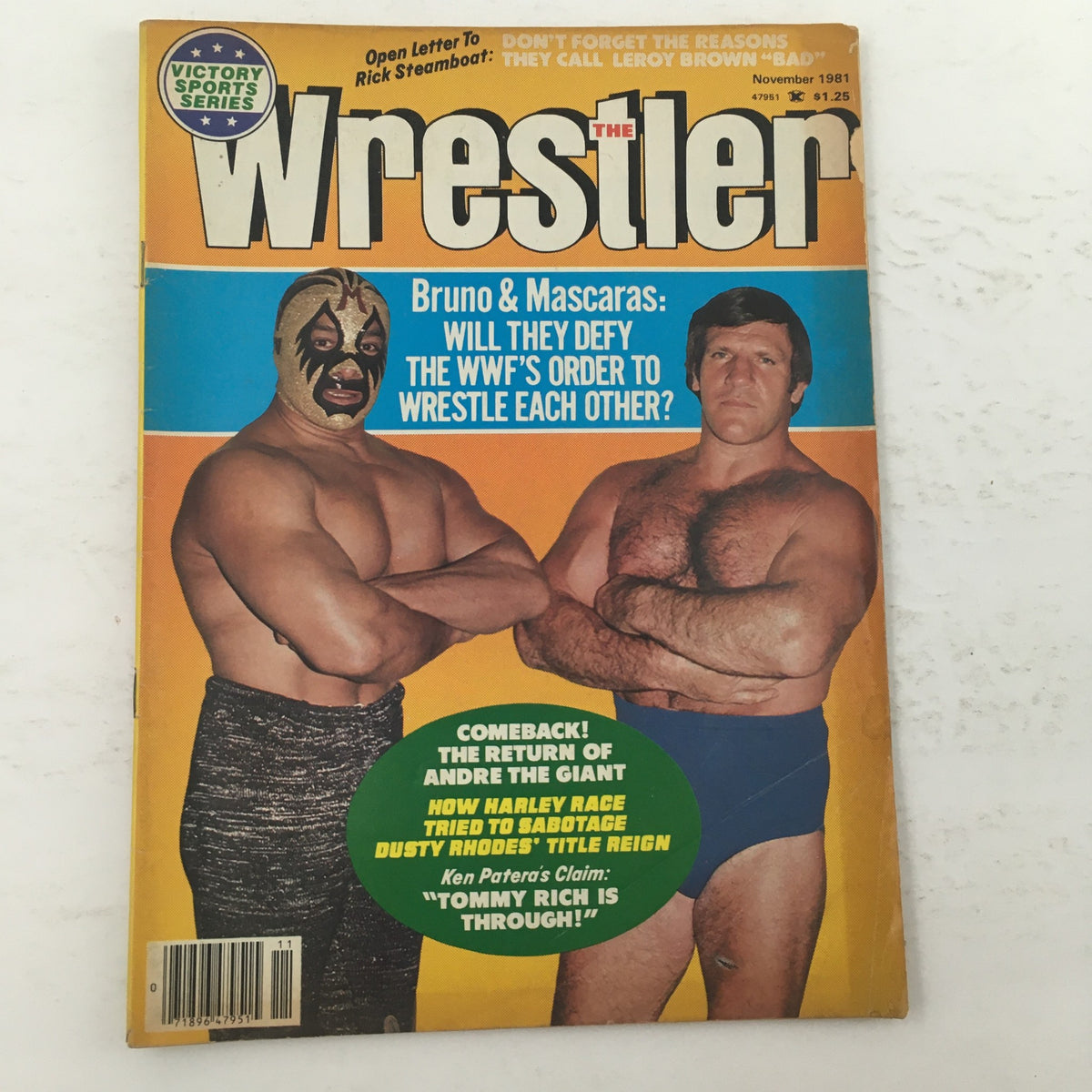 The Wrestler Magazine, November 1981, featuring Bruno Sammartino and Andre the Giant on the cover, highlighting their return and wrestling history, with eye-catching graphics and bold headlines.