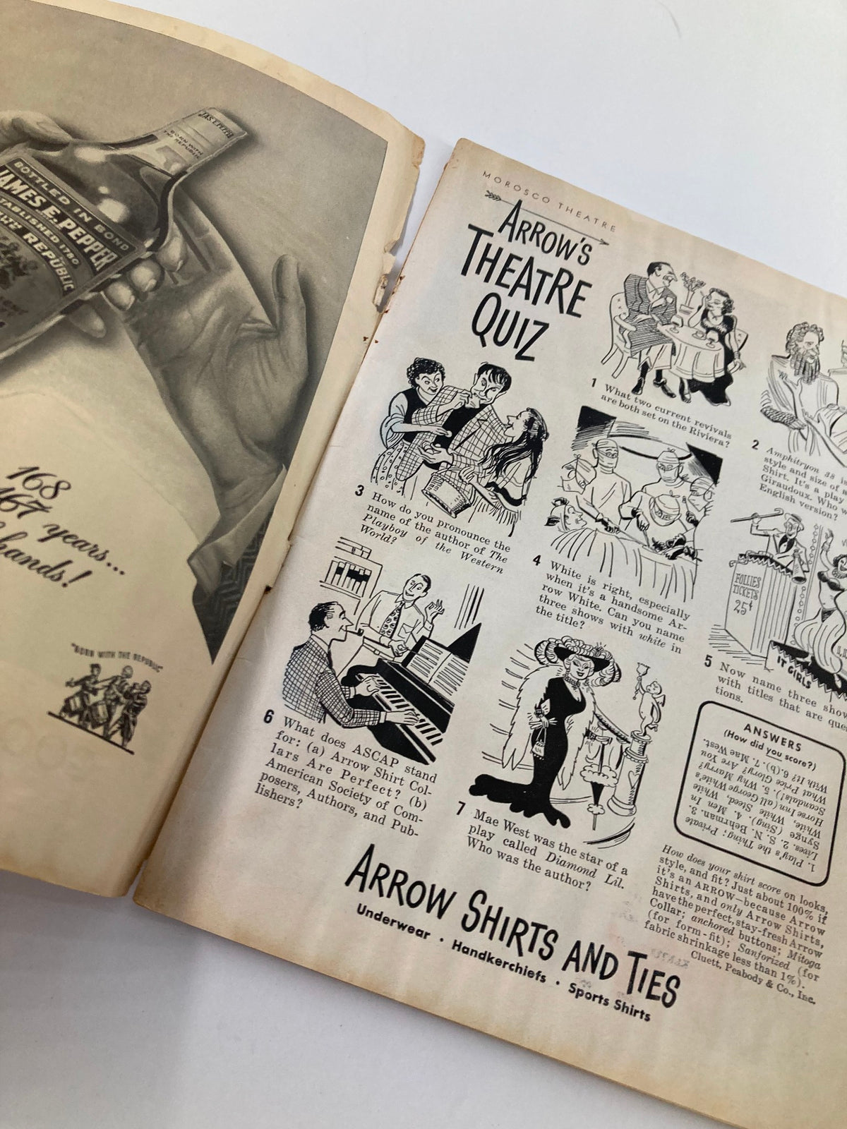 1948 Playbill Morosco Theatre featuring Arrow's Theatre Quiz and vintage advertisements.