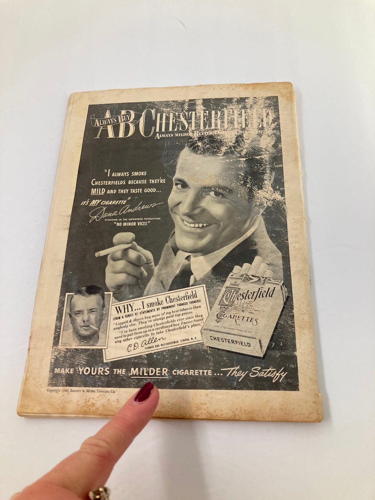 1948 Playbill Morosco Theatre back cover advertising Chesterfield cigarettes with a smiling actor.