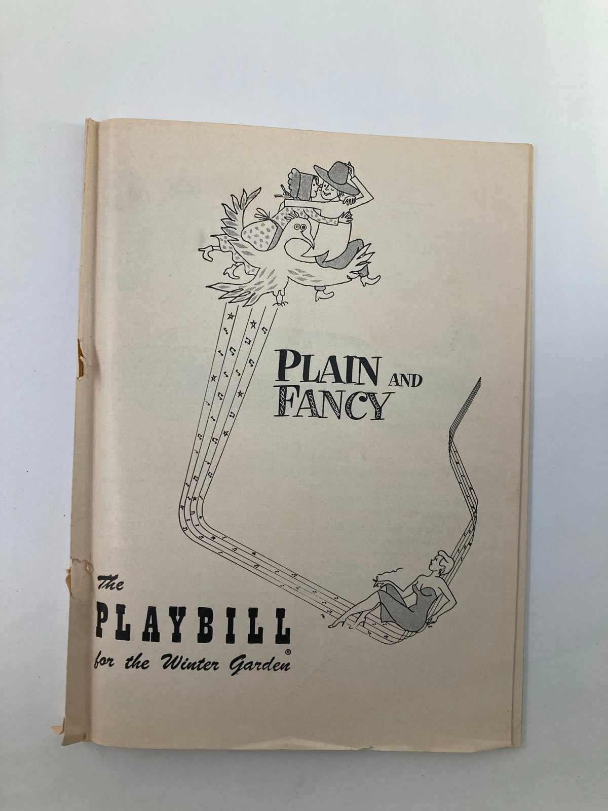 1955 Playbill for 'Plain and Fancy' featuring illustration of characters, at the Winter Garden Theatre, showcasing Richard Derr and Barbara Cook.