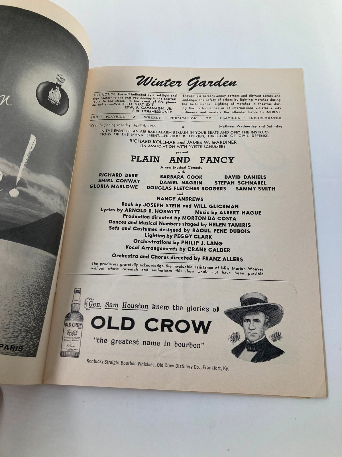 Another interior view of the 1955 Playbill for 'Plain and Fancy', displaying cast lists and production details from the Winter Garden Theatre.