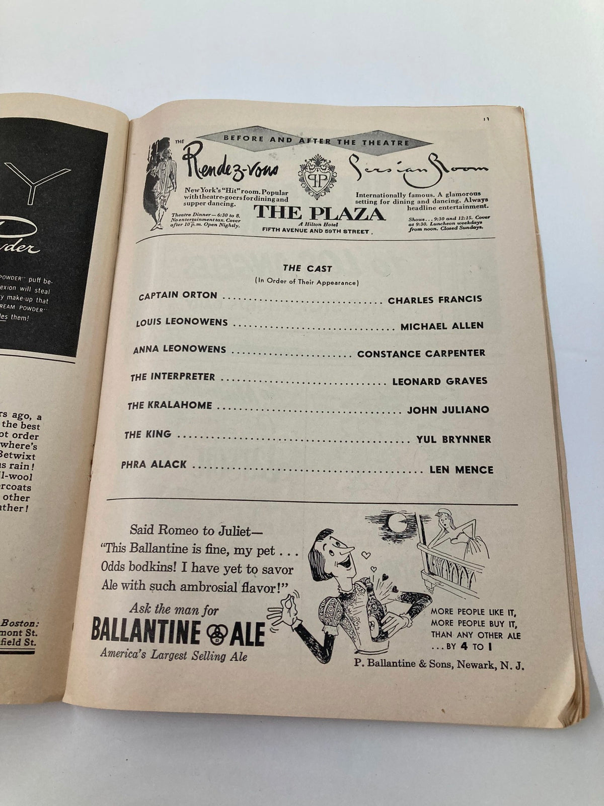 Page from the 1953 Playbill from St. James Theatre listing the cast members of The King and I, including Yul Brynner, along with an advertisement for Ballantine Ale.
