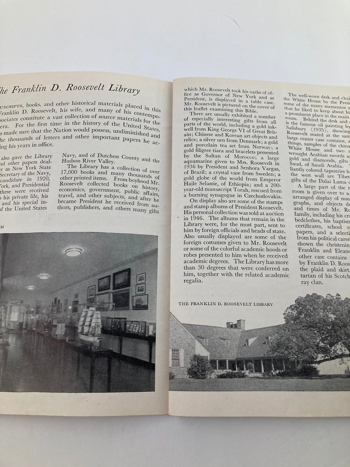 Inside page of the 1951 Program Souvenir from The Franklin D. Roosevelt Library, showcasing historical details about the library and its significance.